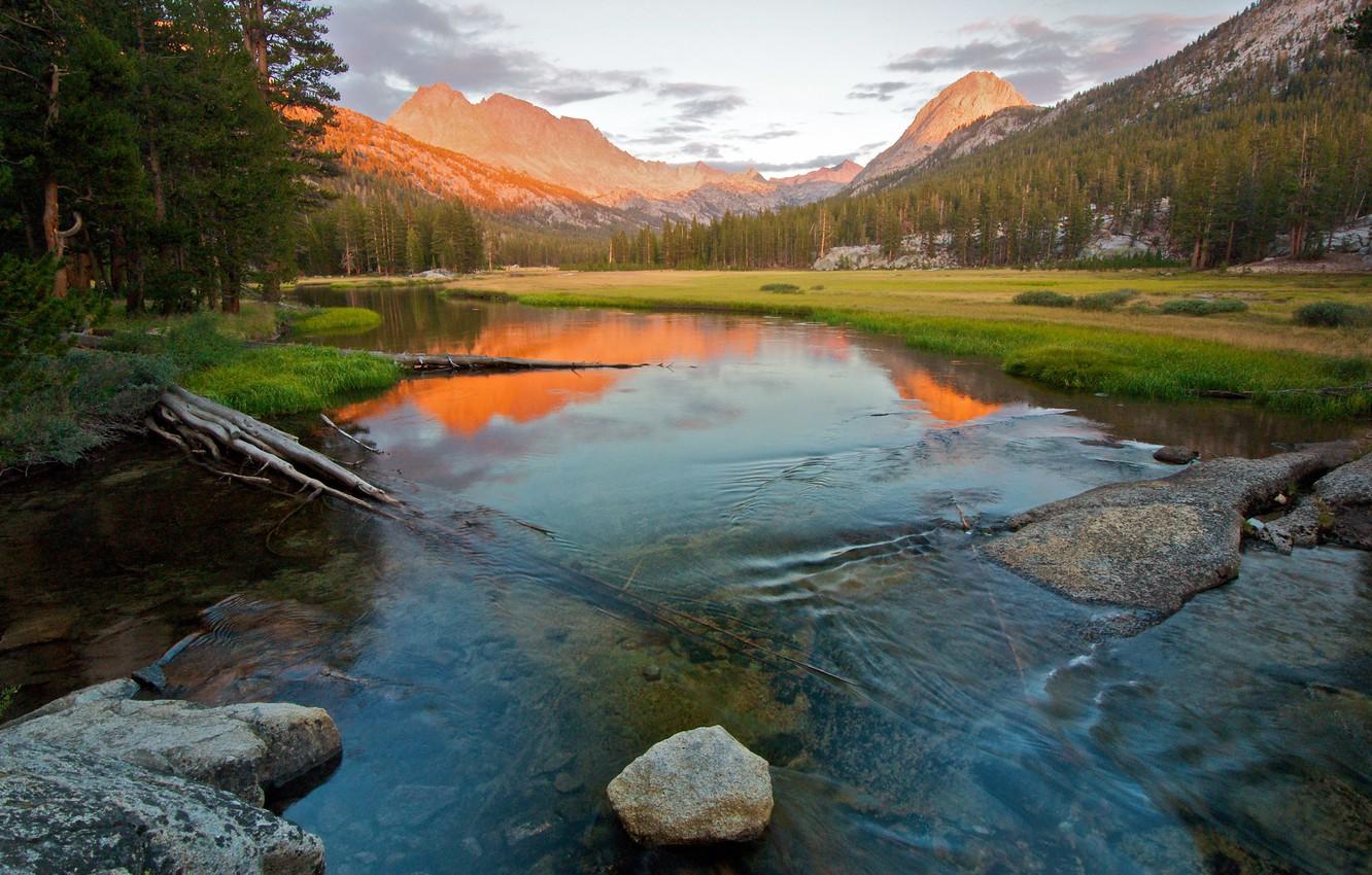1332x850 Wallpaper trees, mountains, reflection, river, stones, the slopes, CA, USA, Bank, Sierra Nevada, national Park kings Canyon image for desktop, section природа