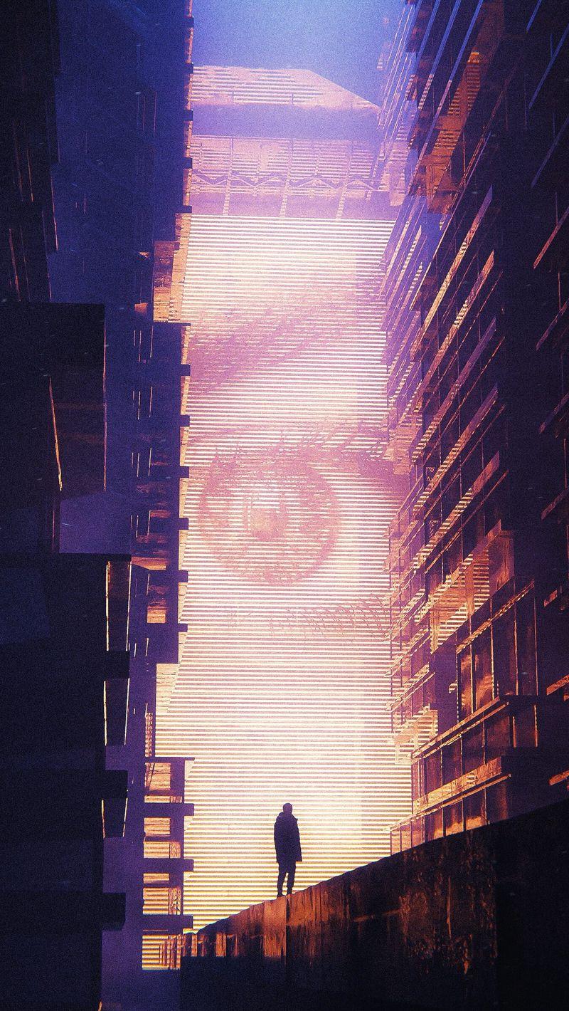 800x1420 Download Wallpaper 800x1420 Silhouette, Alone, Screen, Eye, Buildings, Light, Cyberpunk Iphone Se 5s 5c 5 For Parallax HD Background