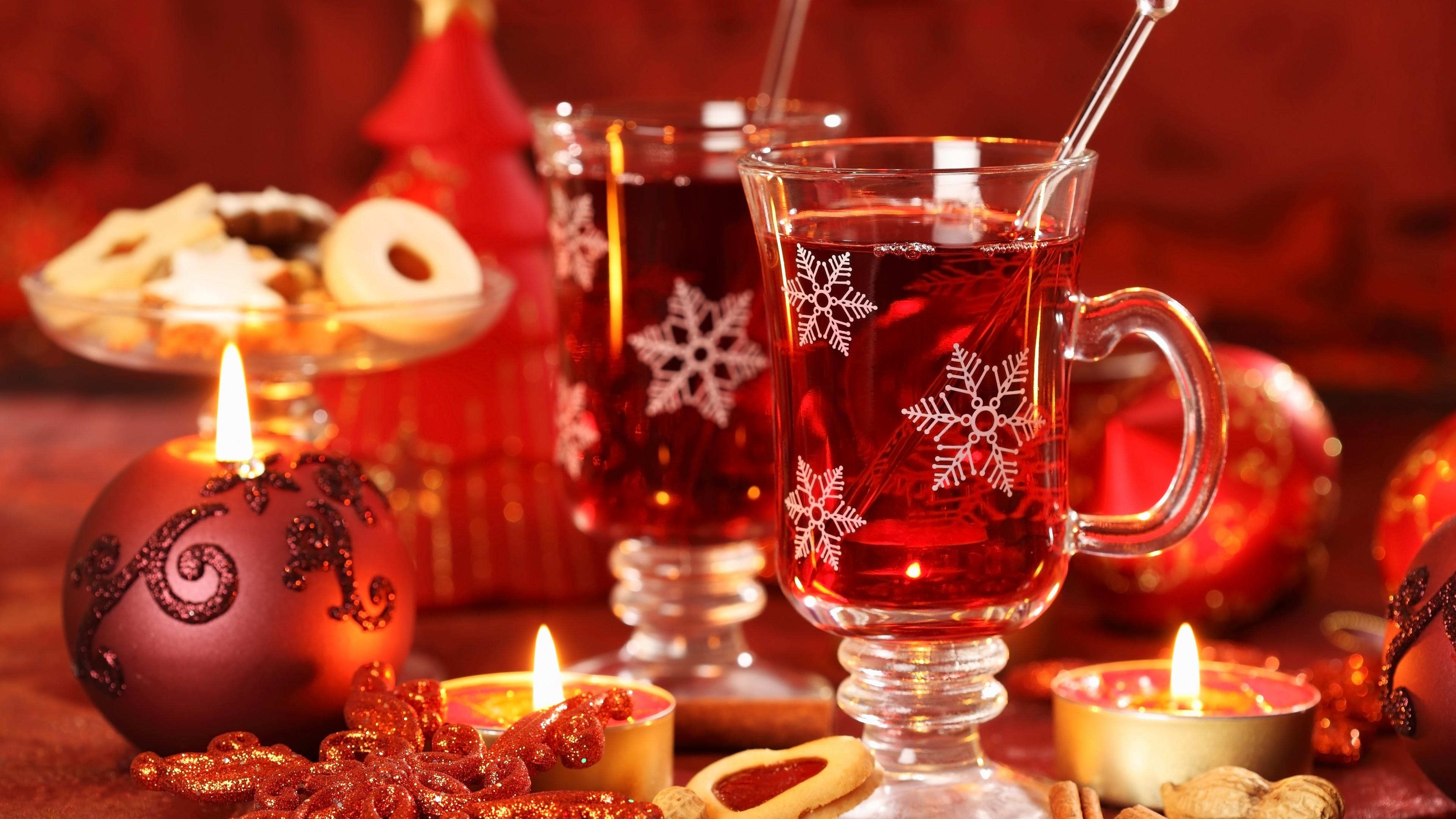3840x2160 Wallpaper Mulled wine, candle, biscuits, cinnamon, decorations, peanuts, Christmas, Food