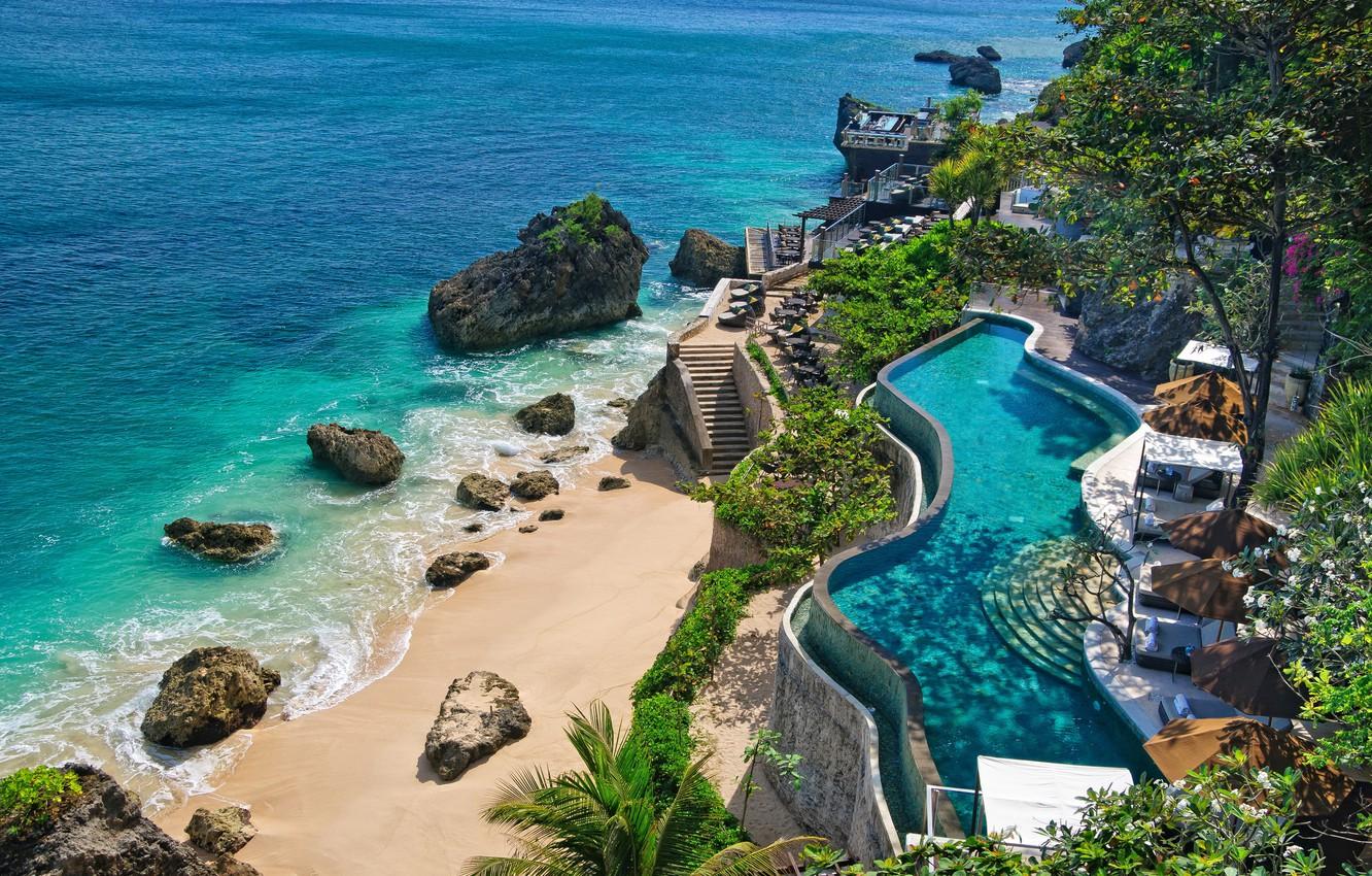 1332x850 Wallpaper sea, beach, the ocean, coast, pool, Bali, Indonesia, stones., nature, sunbeds, pools, Bali, Indonesia image for desktop, section природа