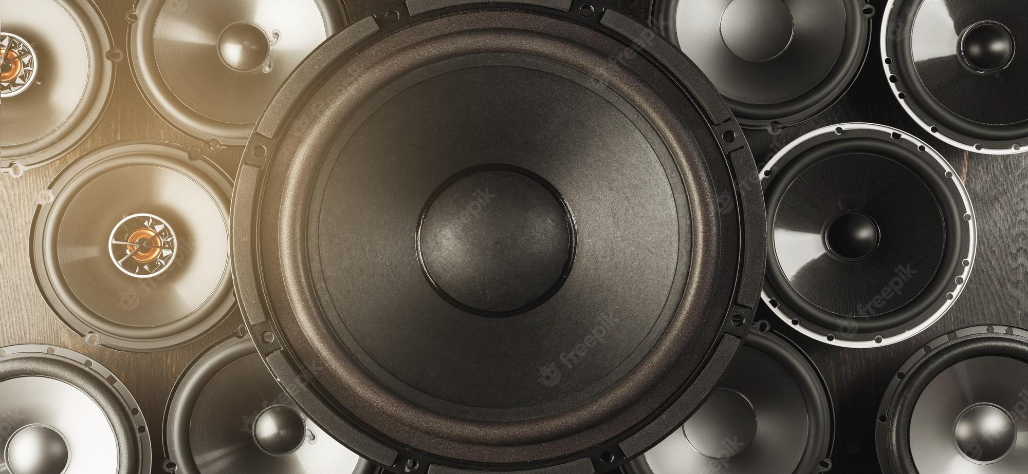 2000x923 Premium Photo. Car audio, car speakers, subwoofer and accessories for tuning. top view