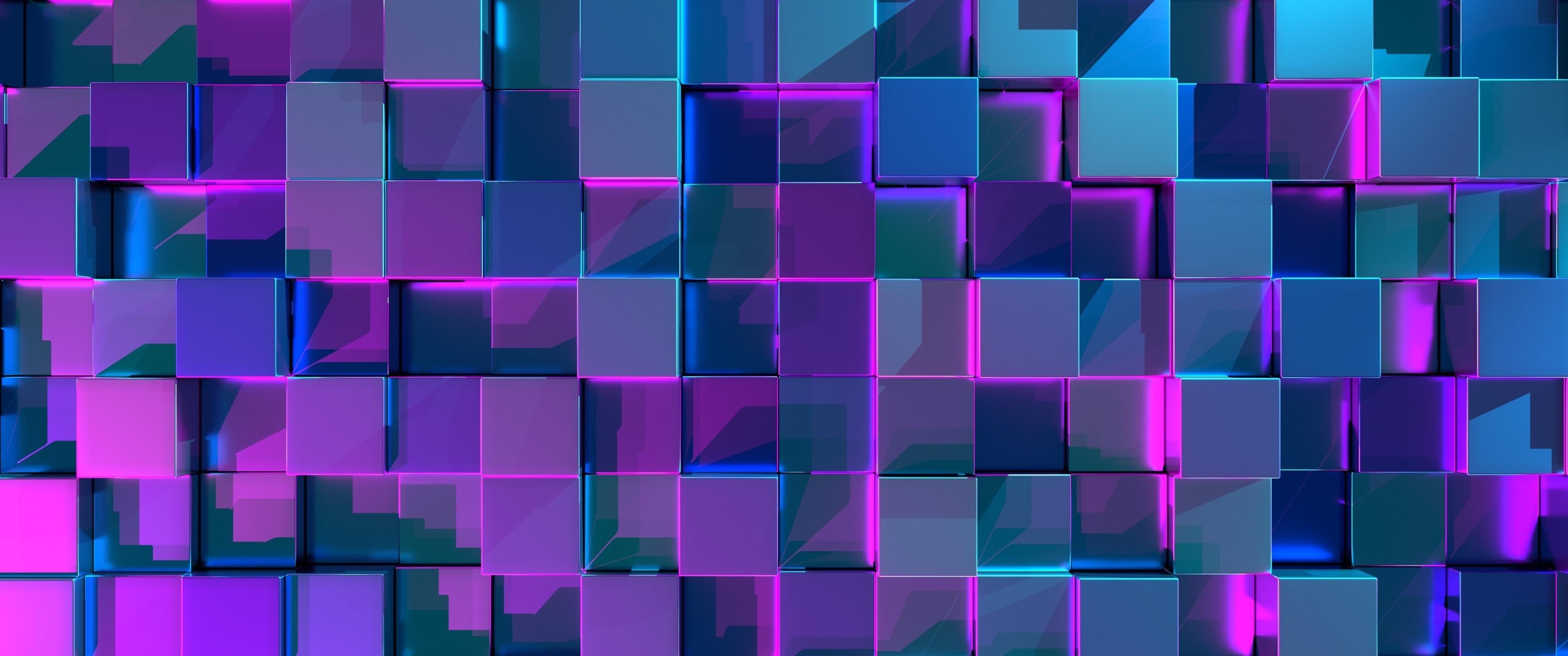 3440x1440 3D cubes Wallpaper 4K, Geometric, Neon, 3D background, Abstract