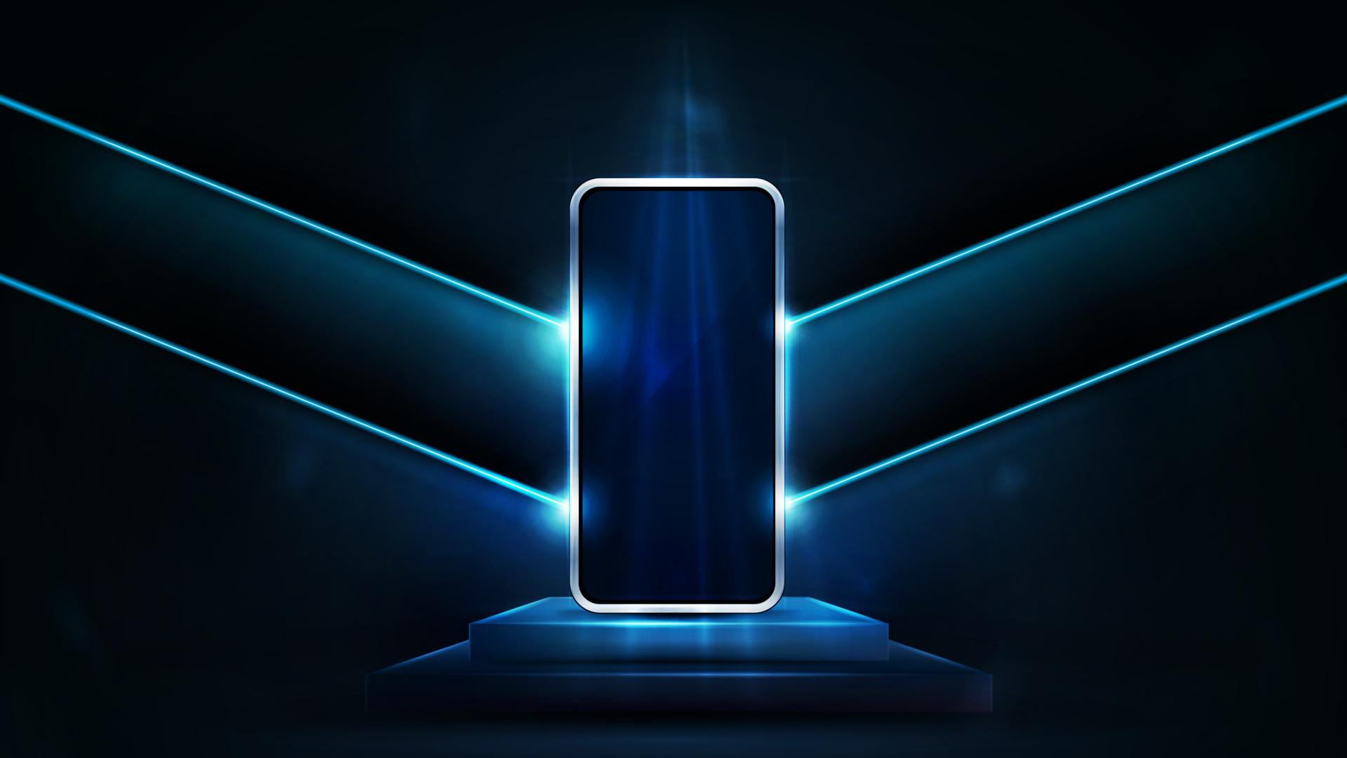 1920x1080 Smartphone on blue rectangular podium on background empty room with neon blue large arrows on wall