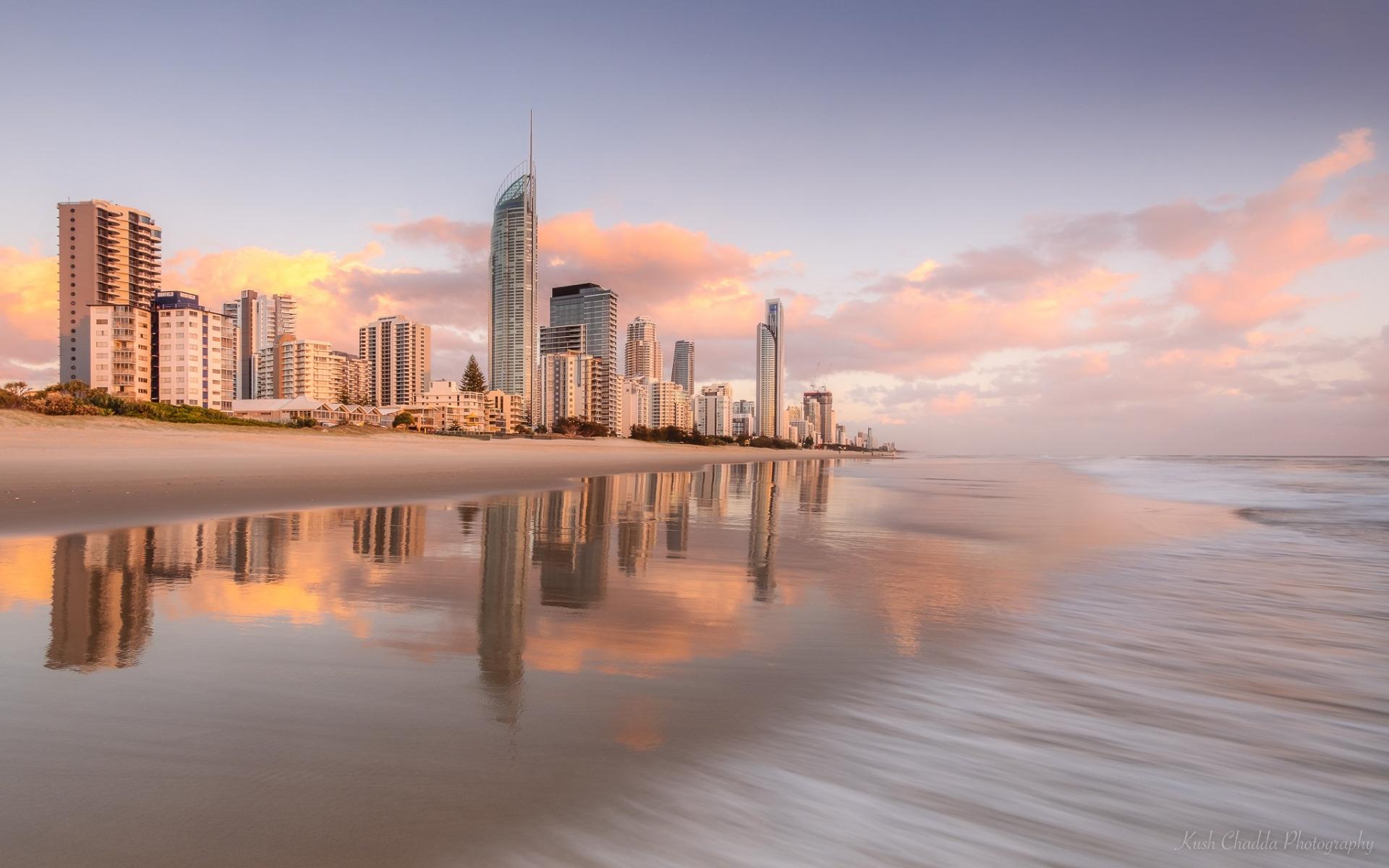 1920x1200 Download wallpaper Brisbane, Surfers Paradise beach, Queensland, Gold Coast, morning, coast, sunrise, Gold Coast skyline, Australia for desktop with resolution 1920x1200. High Quality HD picture wallpaper