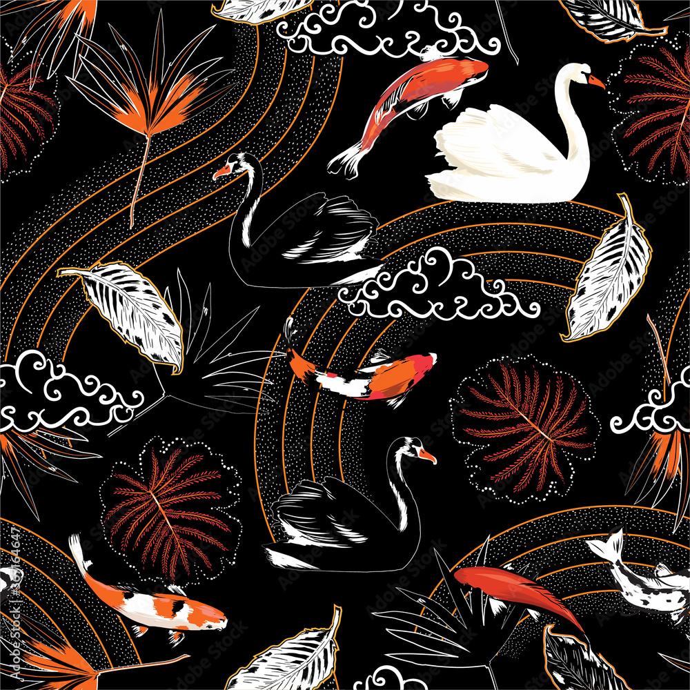 1000x1000 Beautiful Japanese pattern oriental mood with animal Koi fish, swan, wave and leaves chinese cloud seamless pattern vector design for fashion fabric, wallpaper, wrapping and all print Stock Vector