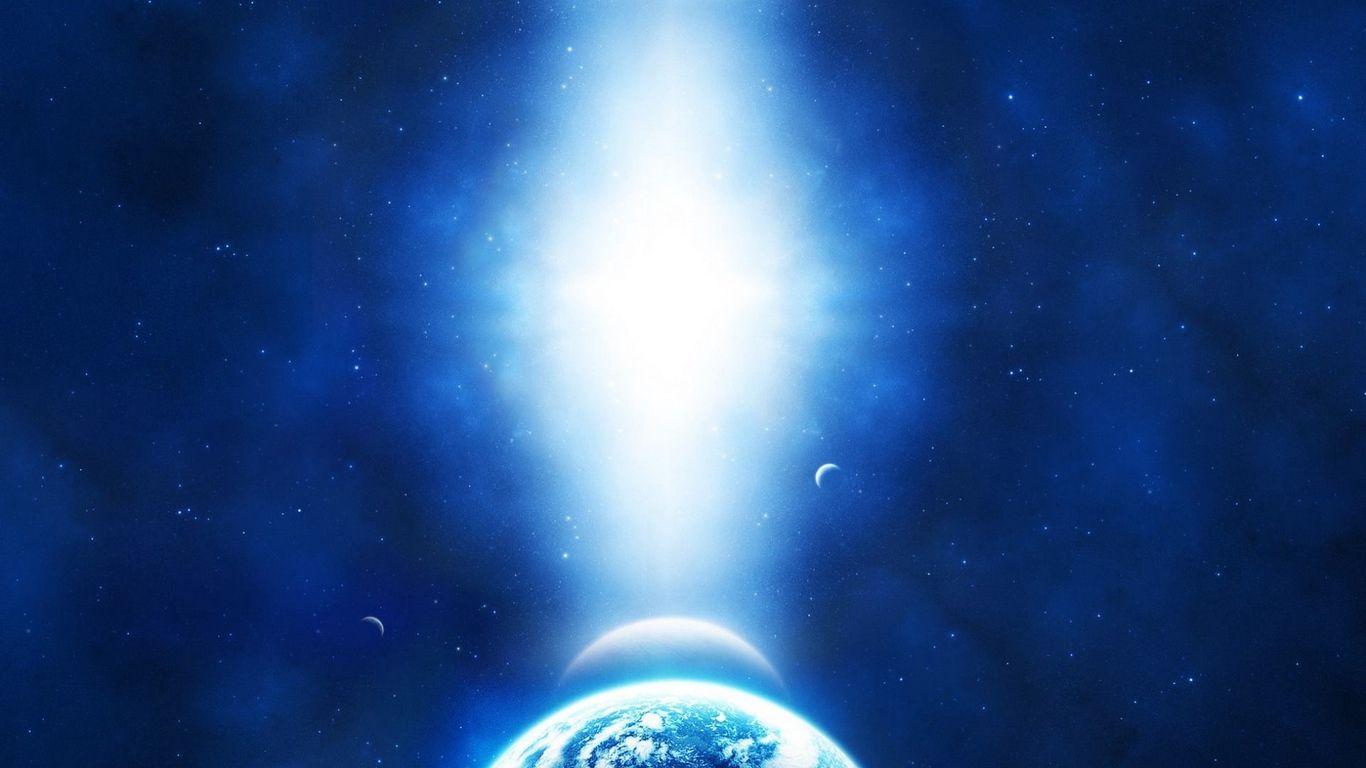 1366x768 Download wallpaper 1366x768 light, sun, stars, blue, planet, earth
