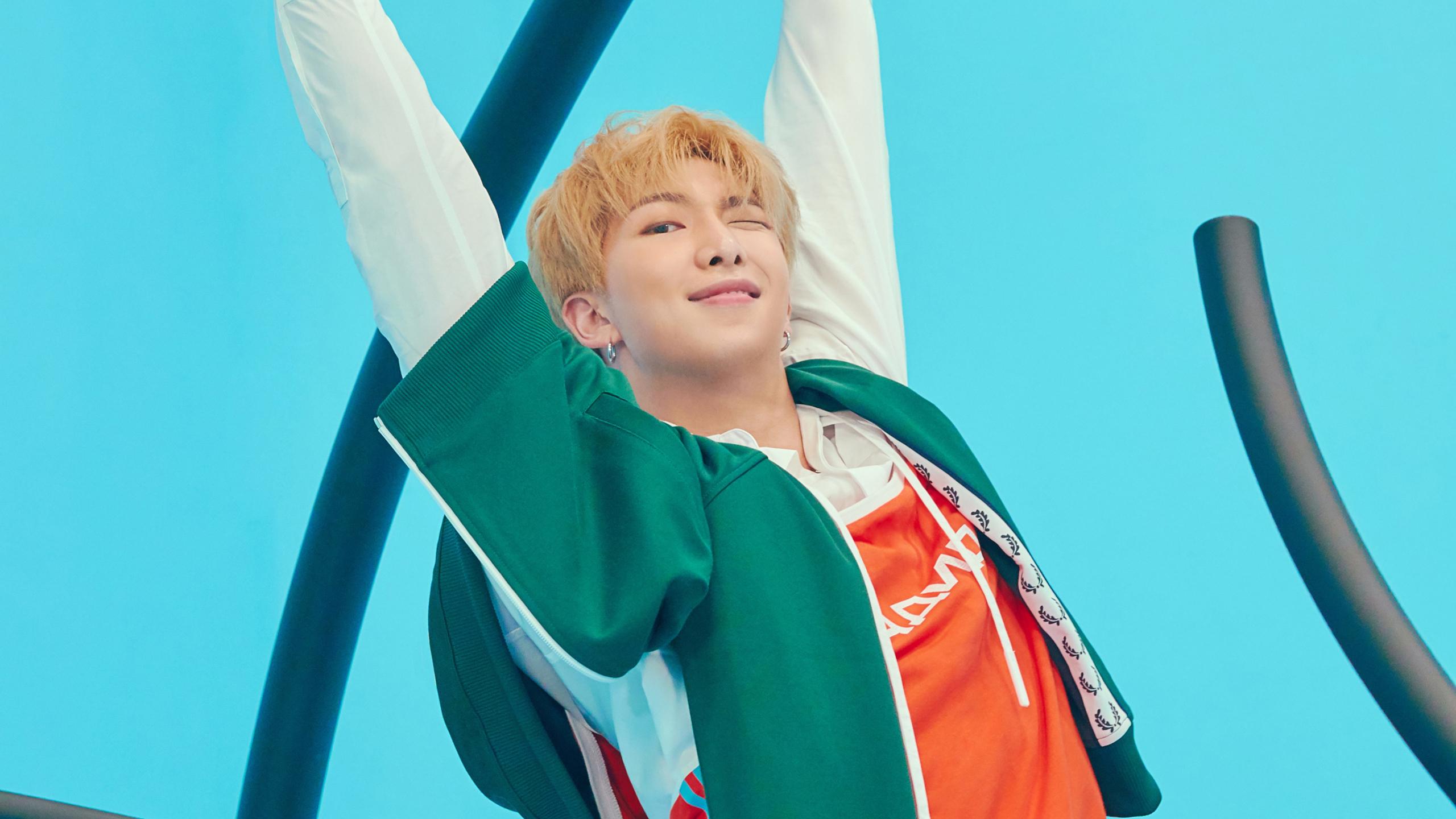 2560x1440 K Pop RM Singer BTS Is Wearing Green Orange White Dress Standing In Blue Background HD BTS RM Wallpaper