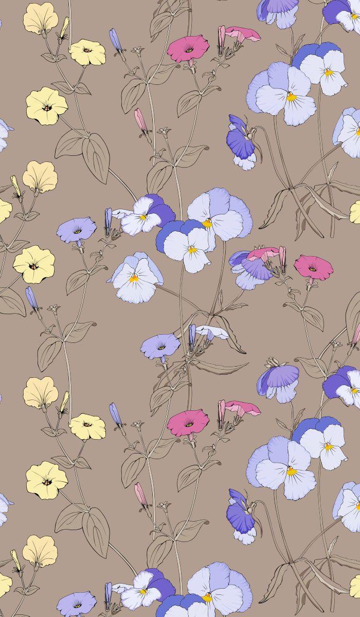 700x1200 Pansies and petunias vector seamless pattern. Brown shades of pattern for textile and Wallpap. Flowery wallpaper, Art wallpaper, iPhone wallpaper tumblr aesthetic