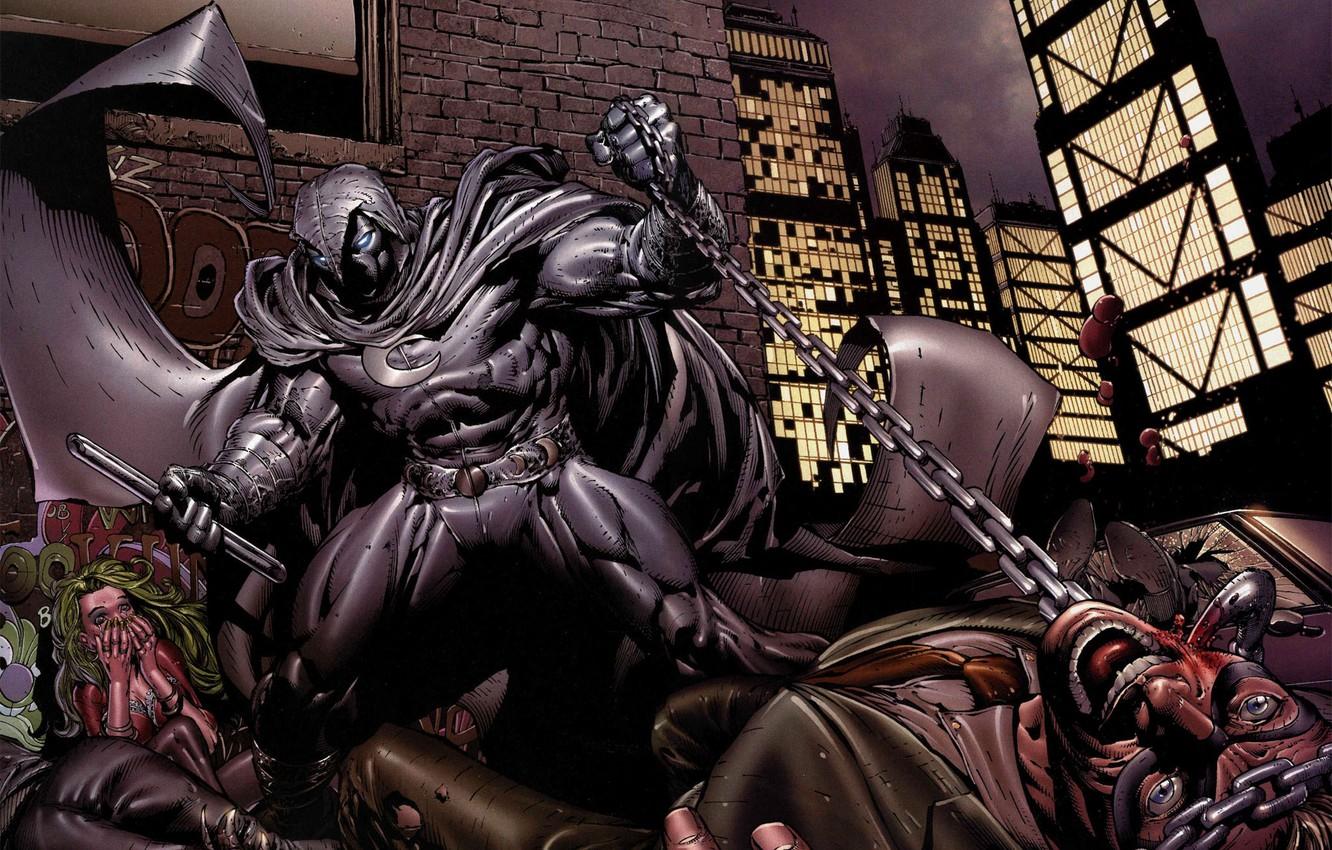 1332x850 Wallpaper machine, girl, blood, chain, male, comic, MARVEL, Mark Spector, Moon Knight, Moon knight image for desktop, section фантастика