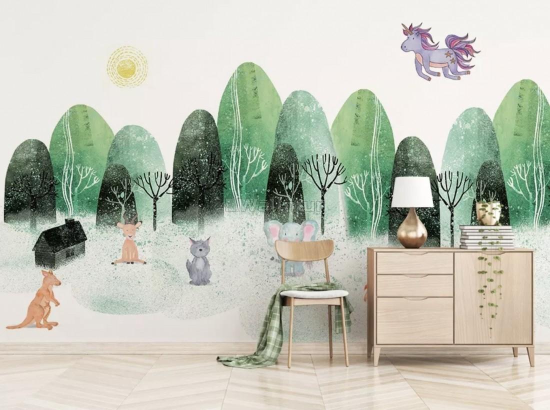 1100x820 Watercolor Cartoon Trees and Animals Wallpaper Mural • Wallmur®