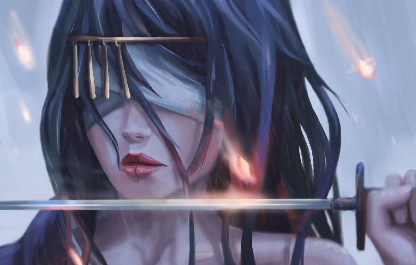 1332x850 Wallpaper Girl, sword, fantasy, rain, digital art, artwork, warrior, fantasy art, fantasy girl, blindfold image for desktop, section фантастика