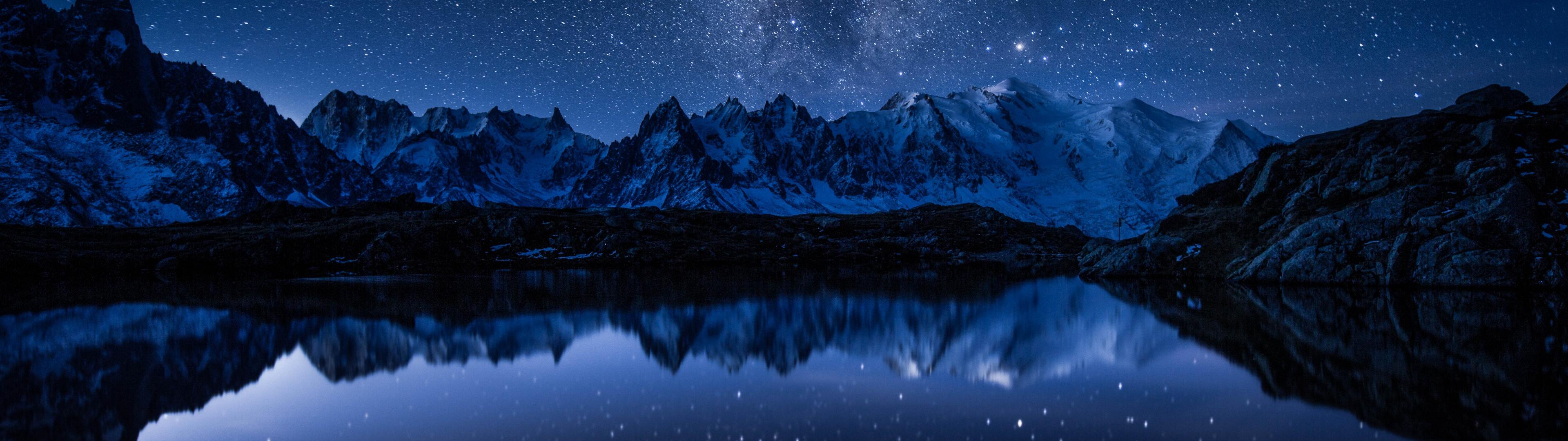 3840x1080 Milky Way Wallpaper 4K, Night, Starry sky, Mountains