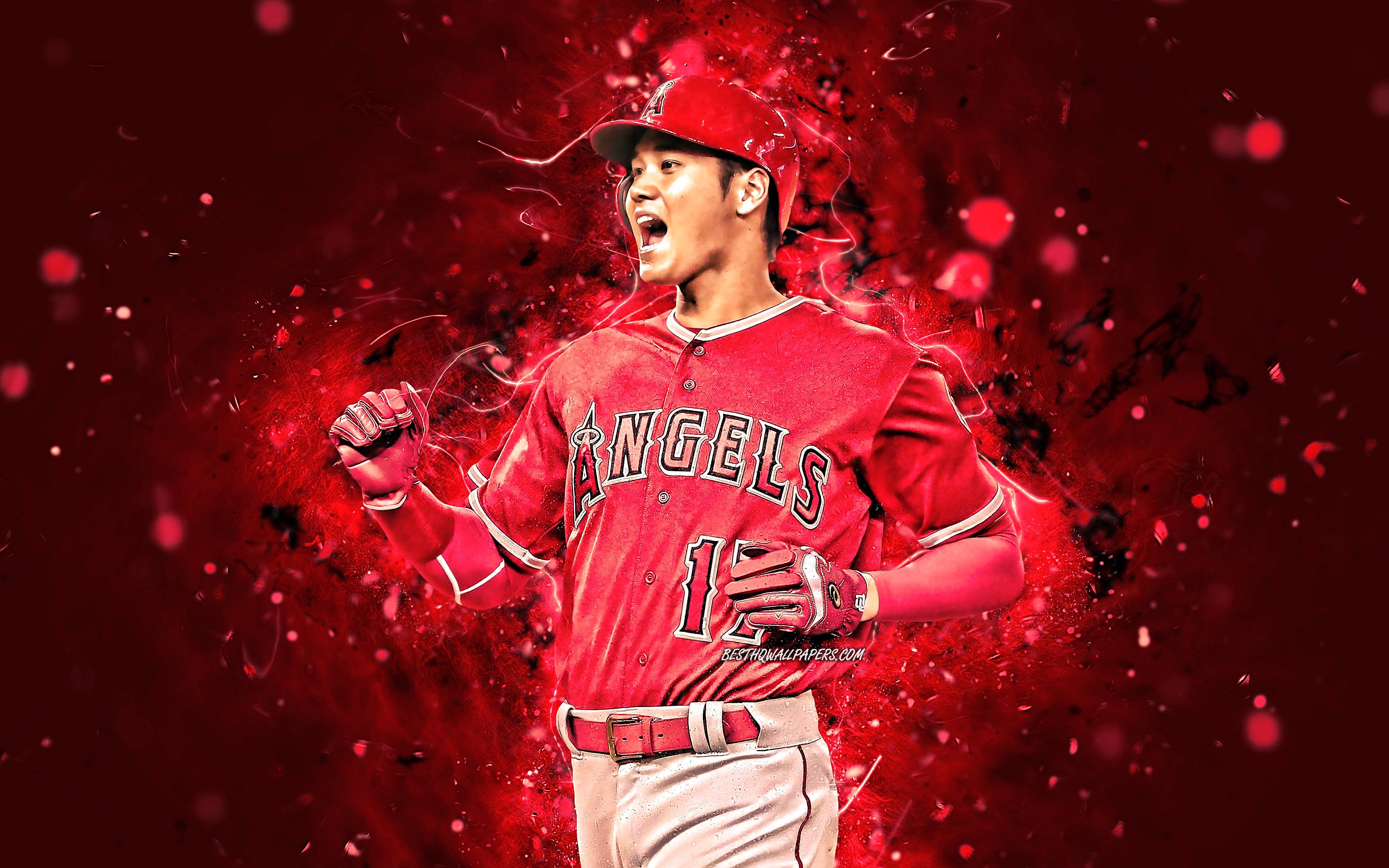 3840x2400 Download wallpaper Shohei Ohtani, 4k, MLB, Los Angeles Angels, pitcher, baseball, Sho Time, Major League Baseball, neon lights, Shohei Ohtani Los Angeles Angels, Shohei Ohtani 4K for desktop with resolution 3840x2400. High