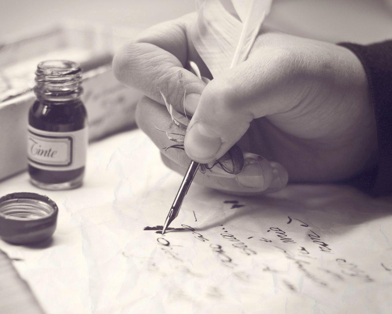 1280x1024 Download wallpaper 1280x1024 letter, hand, ink, pen, black white standard 5:4 HD background