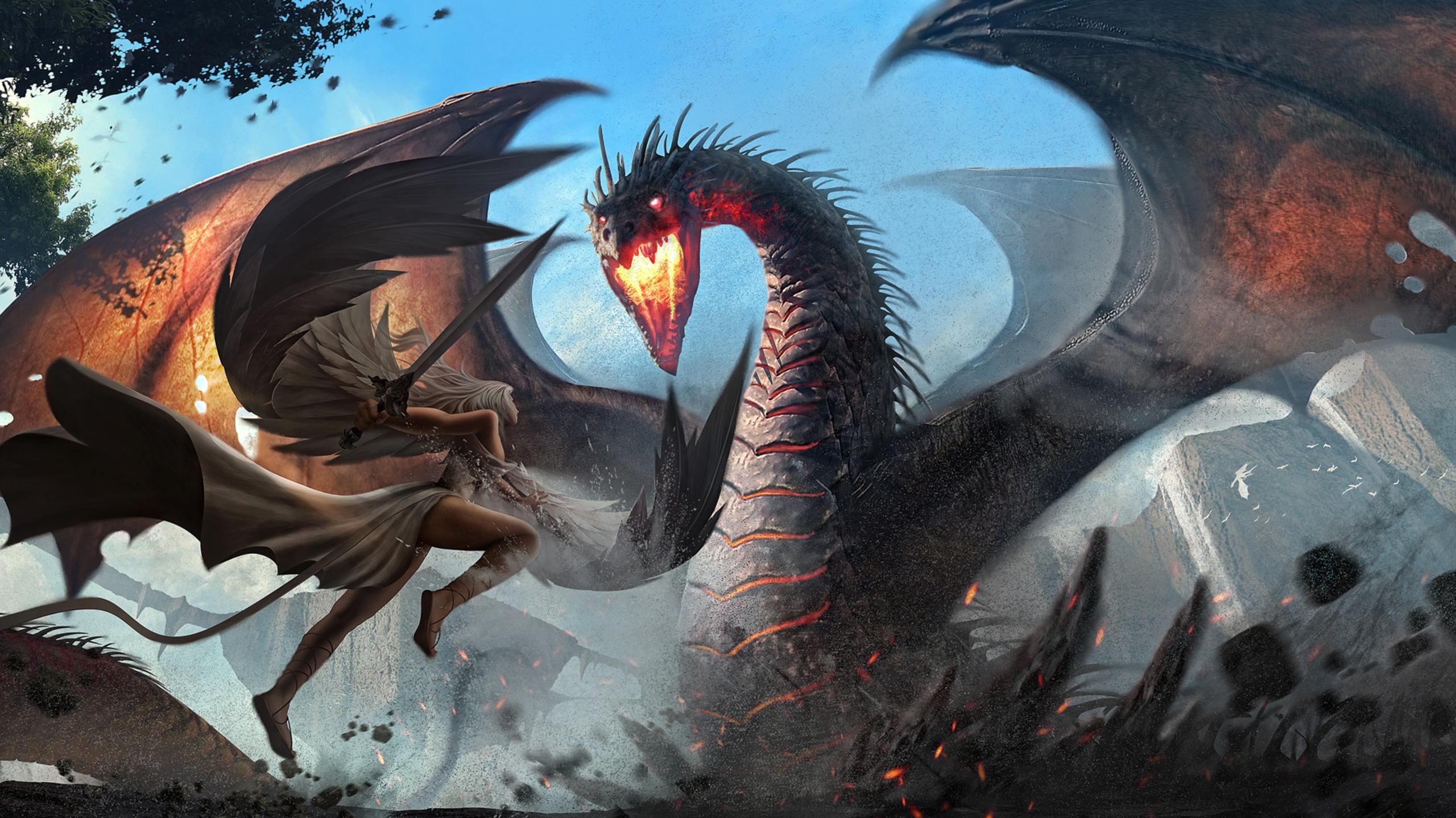 2560x1440 Dragon Vs Warrior Girl 1440P Resolution HD 4k Wallpaper, Image, Background, Photo and Picture