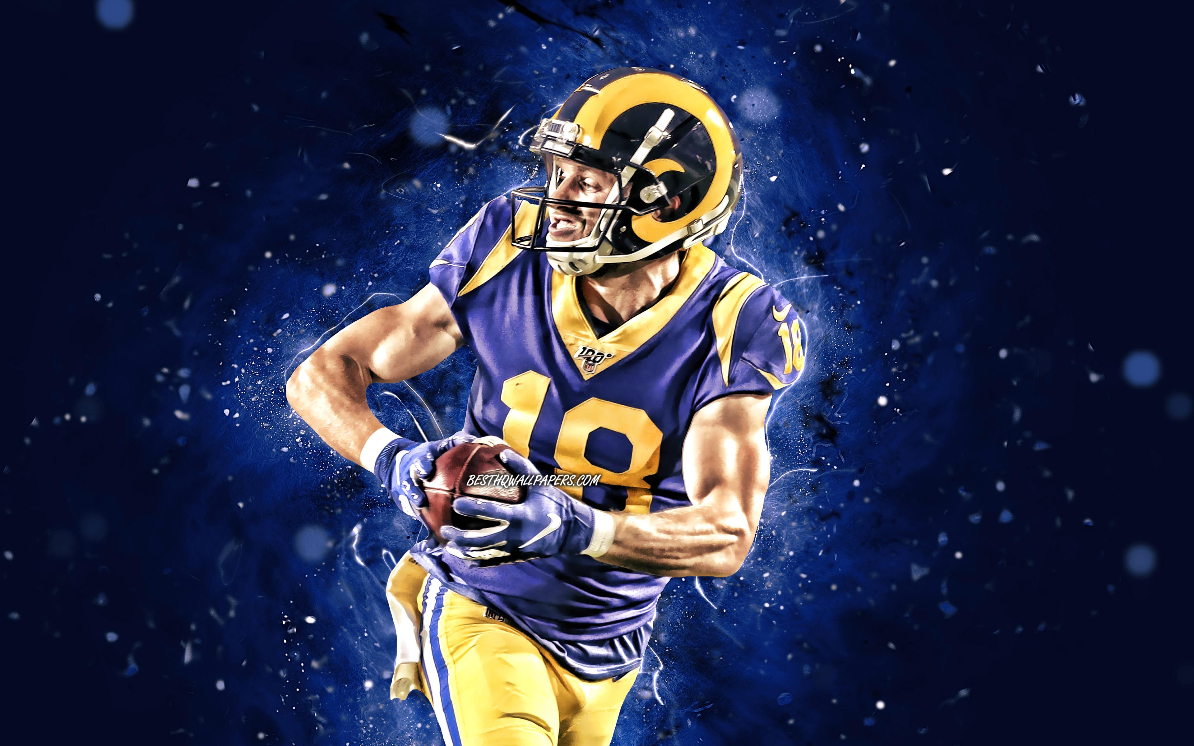 3840x2400 Download wallpaper Cooper Kupp, 4k, wide receiver, Los Angeles Rams, american football, NFL, Cooper Douglas Kupp, LA Rams, blue neon lights, Cooper Kupp 4K, Cooper Kupp Los Angeles Rams for desktop with