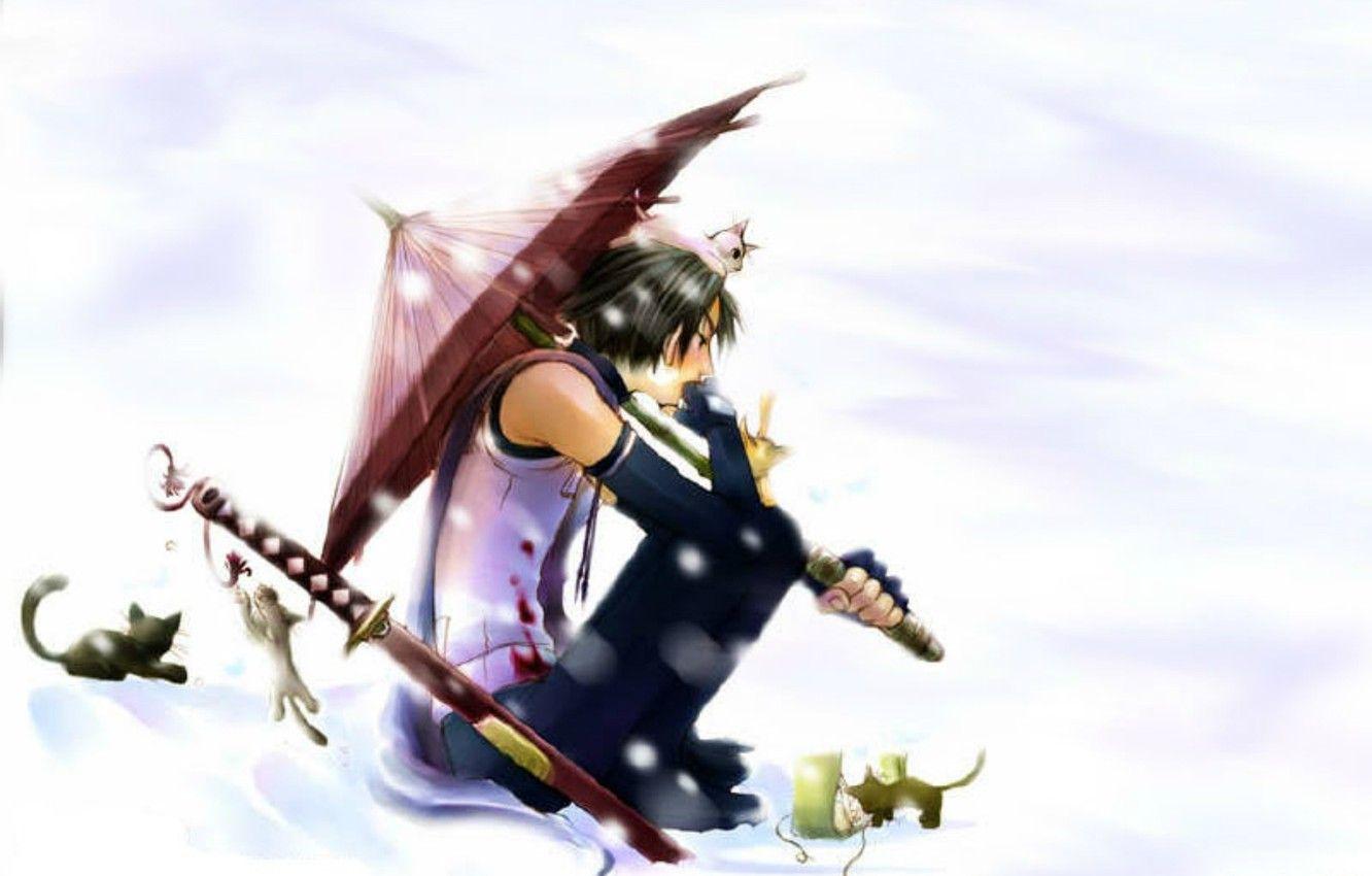 1332x850 Wallpaper snow, blood, katana, umbrella, kittens, sad, fanart, Itachi Uchiha, Naruto Shippuden, Naruto shippuuden, ANBU image for desktop, section сёнэн