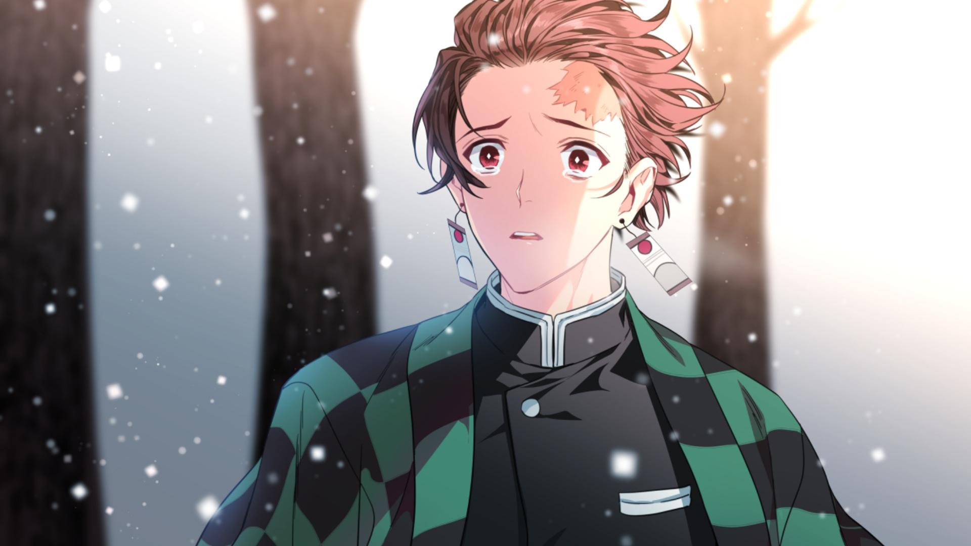 1920x1080 Demon Slayer Tanjirou Kamado Wearing Black And Green Checked Dress With Background Of Snow Falling Trees And Sun Rays HD Anime Wallpaper