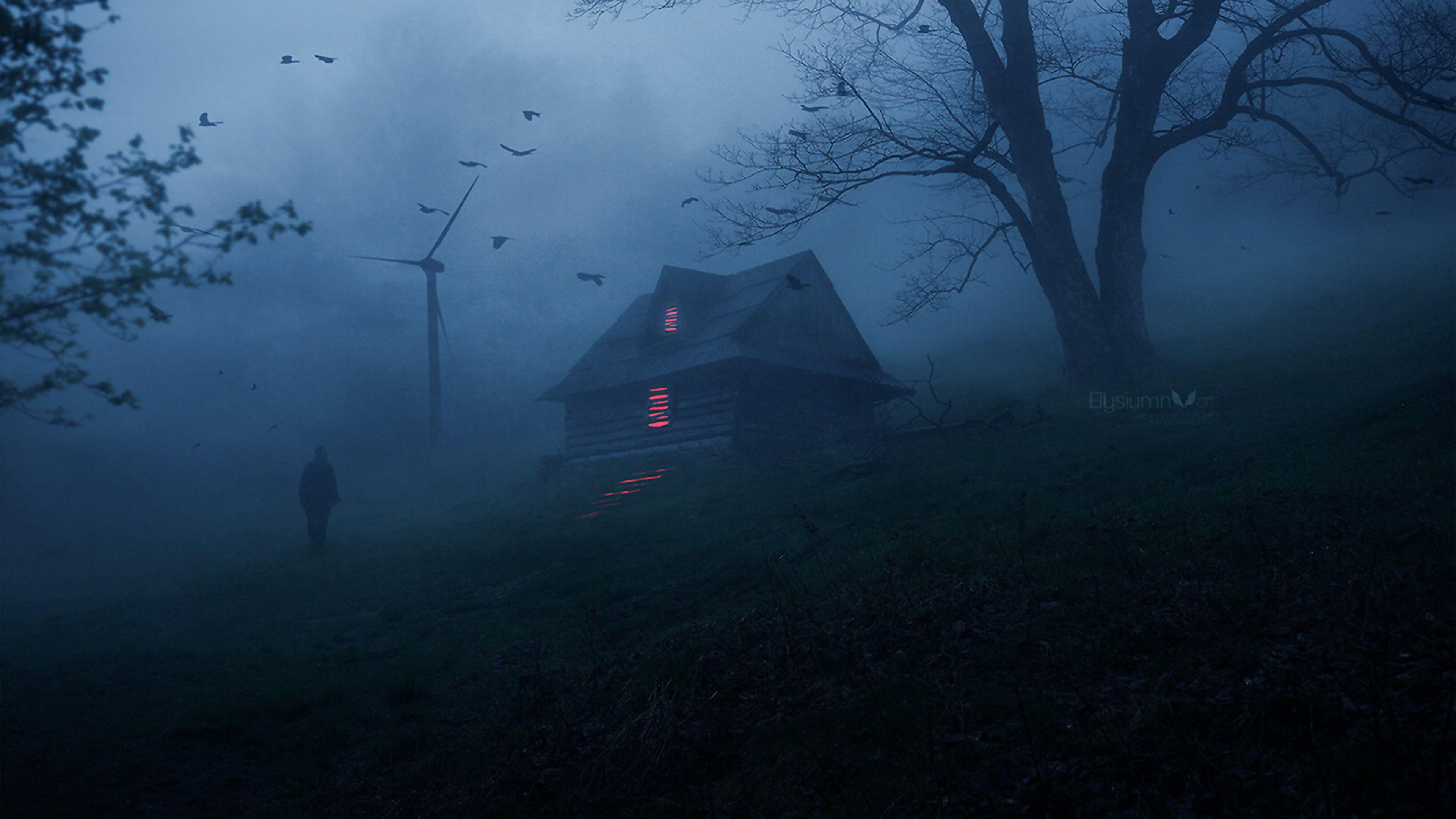 3840x2160 horror #house #Terror #ambient #atmosphere #mist #creepy #dark #shadow #dusk #lights #nature #silhouette #walkin. Top horror movies, Digital artist, HD wallpaper