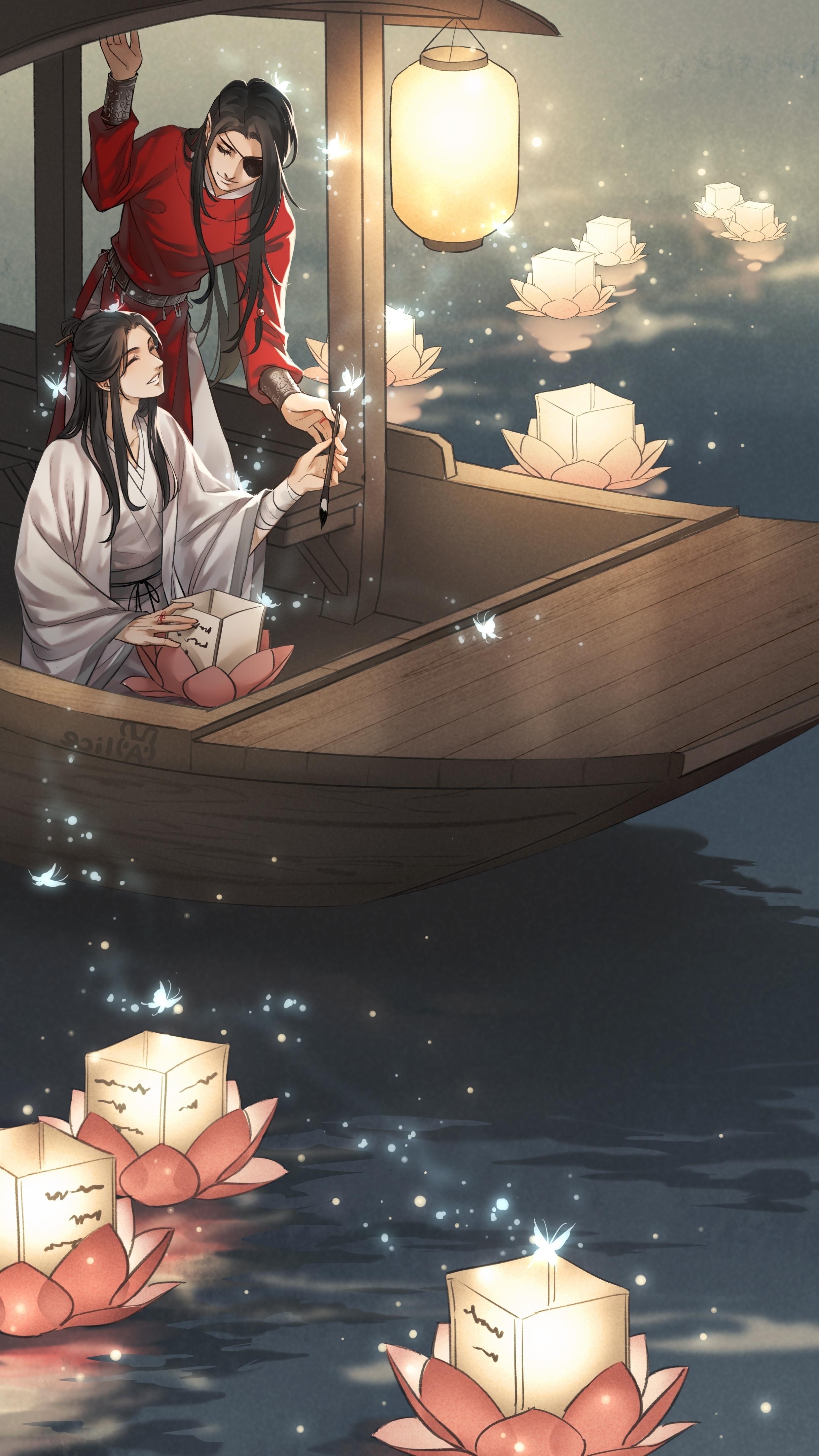 2480x4409 Wallpaper Hua Cheng, Lanterns, Boat, Xie Lian, Tian Guan Ci Fu, Chinese Outfit:2480x4409