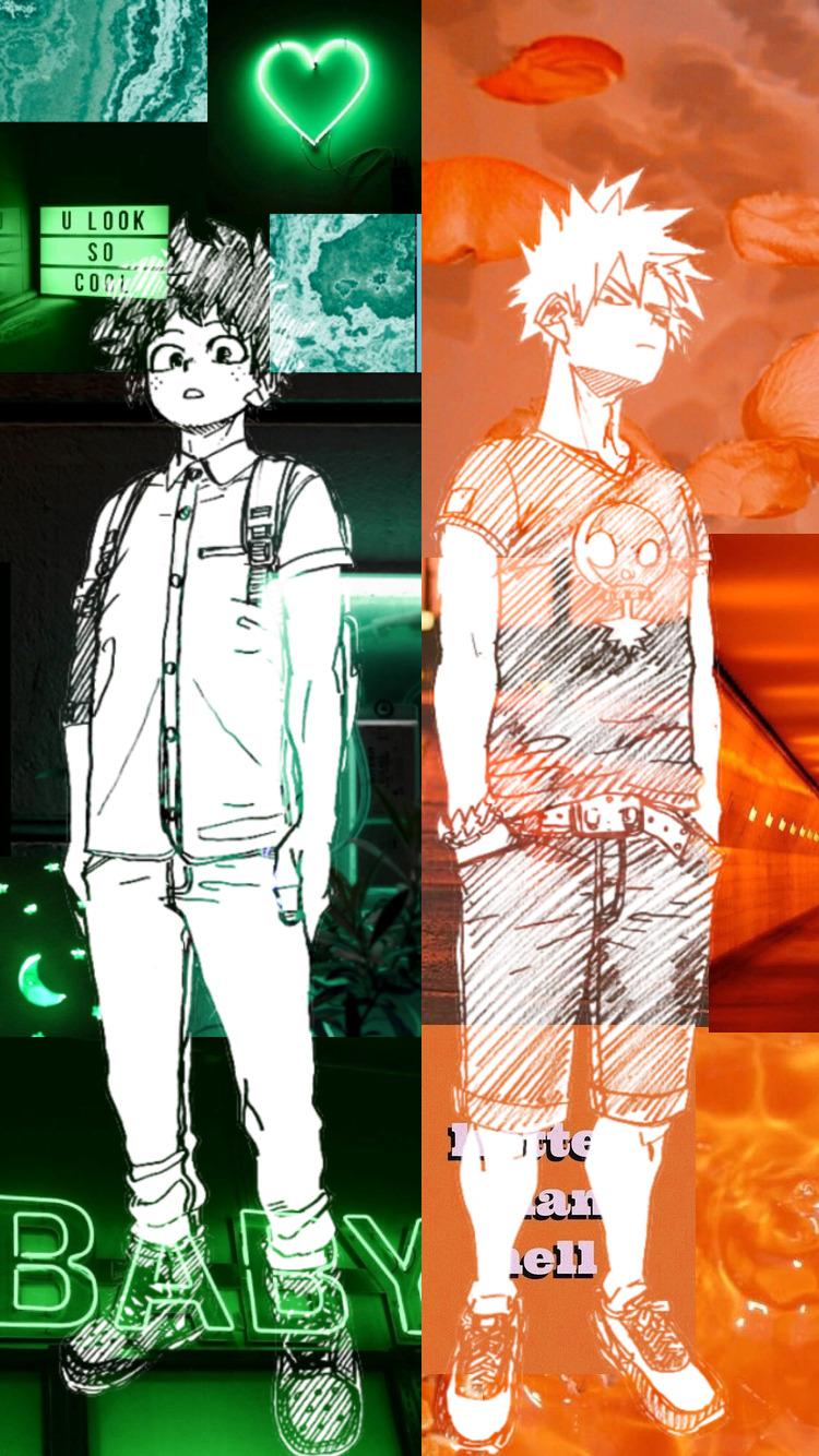 750x1334 More BakuDeku Wallpaper Dark Green, Orange, and