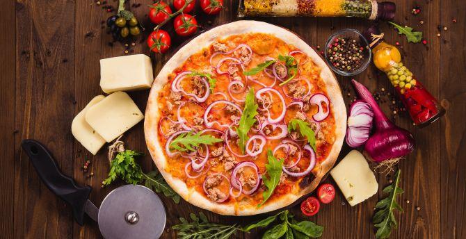 670x344 Food, pizza, vegetables, baking wallpaper, HD image, picture, background, ddcbbf