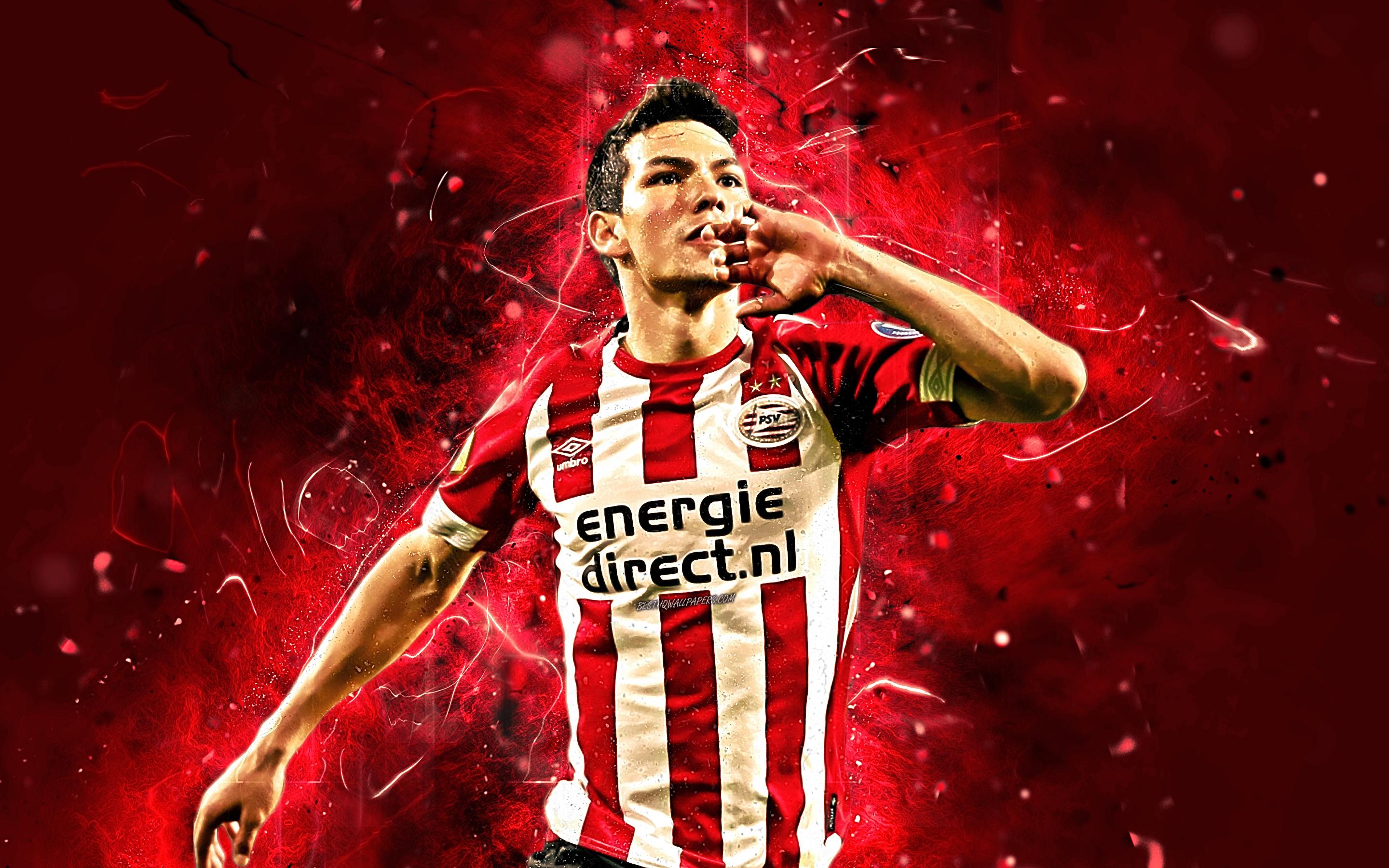 2880x1800 Download wallpaper Hirving Lozano, goal, mexican footballers, PSV Eindhoven FC, soccer, Lozano, Dutch Eredivisie, football, neon lights, abstract art for desktop with resolution 2880x1800. High Quality HD picture wallpaper