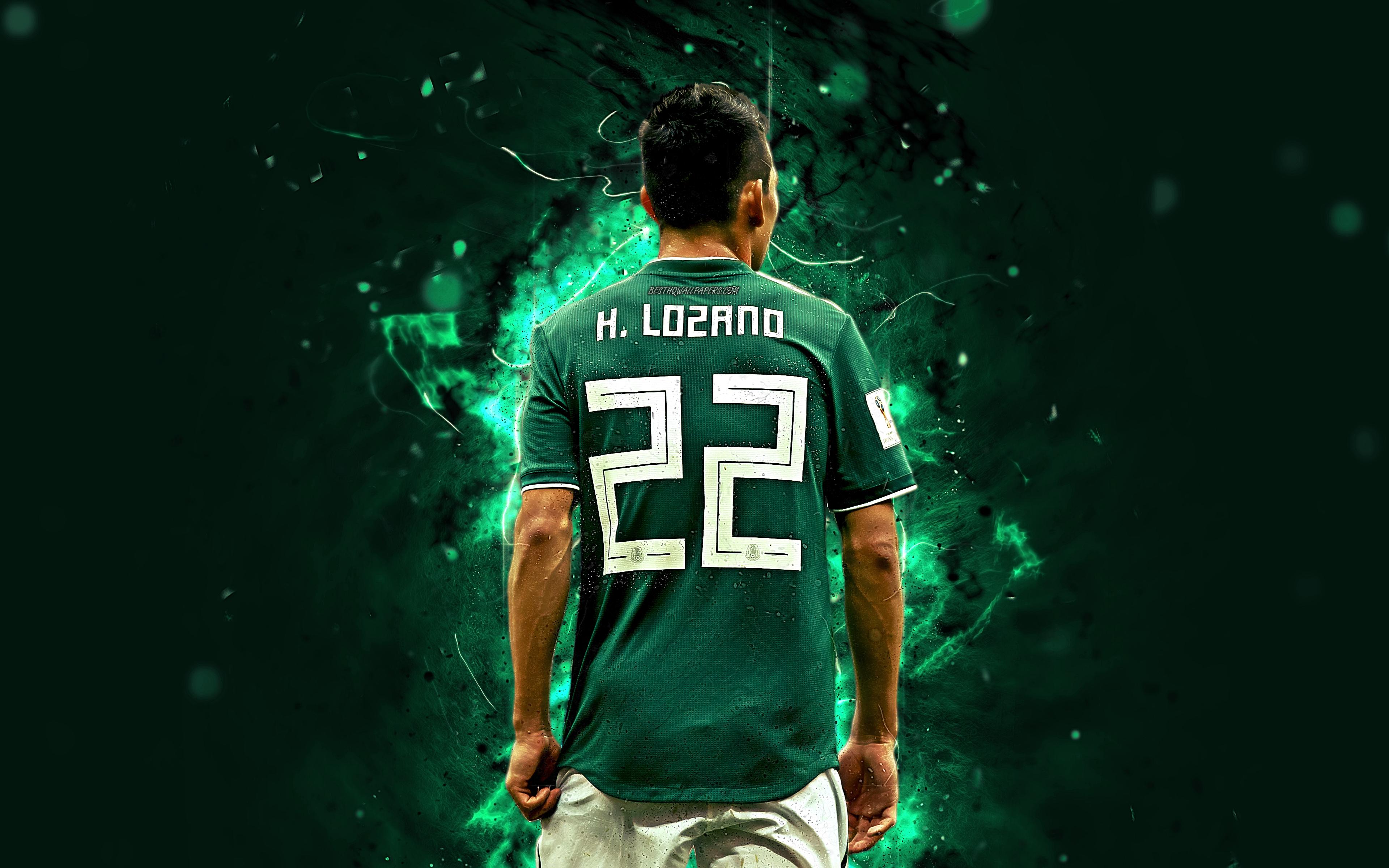 3840x2400 Download wallpaper 4k, Hirving Lozano, back view, Mexico National Team, match, Lozano, soccer, footballers, neon lights, Mexican football team for desktop with resolution 3840x2400. High Quality HD picture wallpaper
