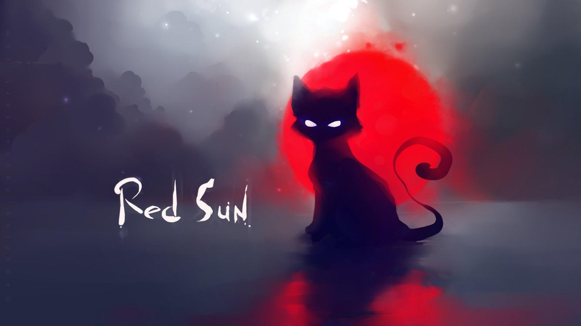 1920x1080 Cat red sun art painting wallpaperx1080