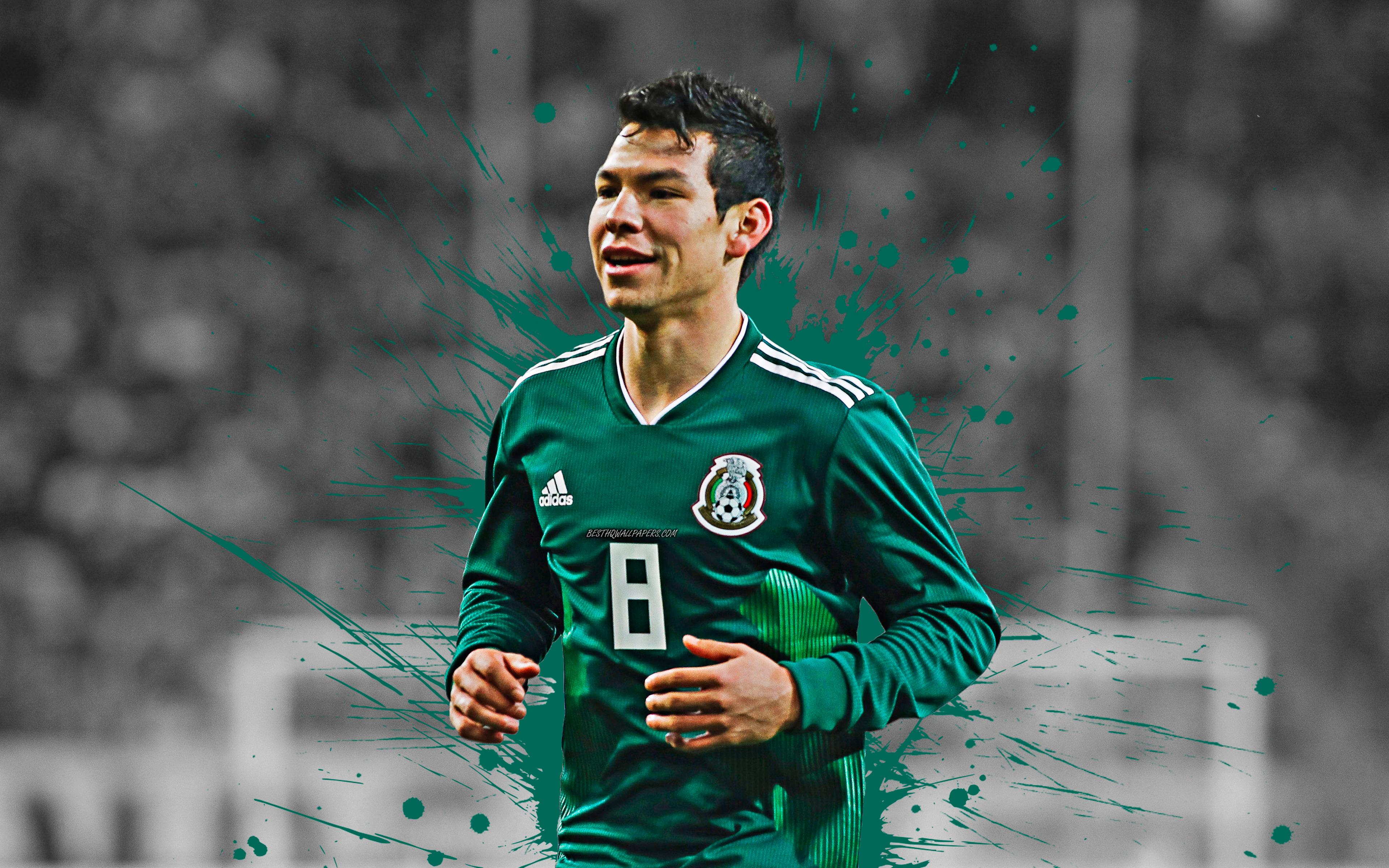 3840x2400 Download wallpaper Hirving Lozano, 4k, Mexico national football team, art, splashes of paint, grunge art, Mexican footballer, creative art, Mexico, football, Hirving Rodrigo Lozano Bahena for desktop with resolution 3840x2400. High Quality
