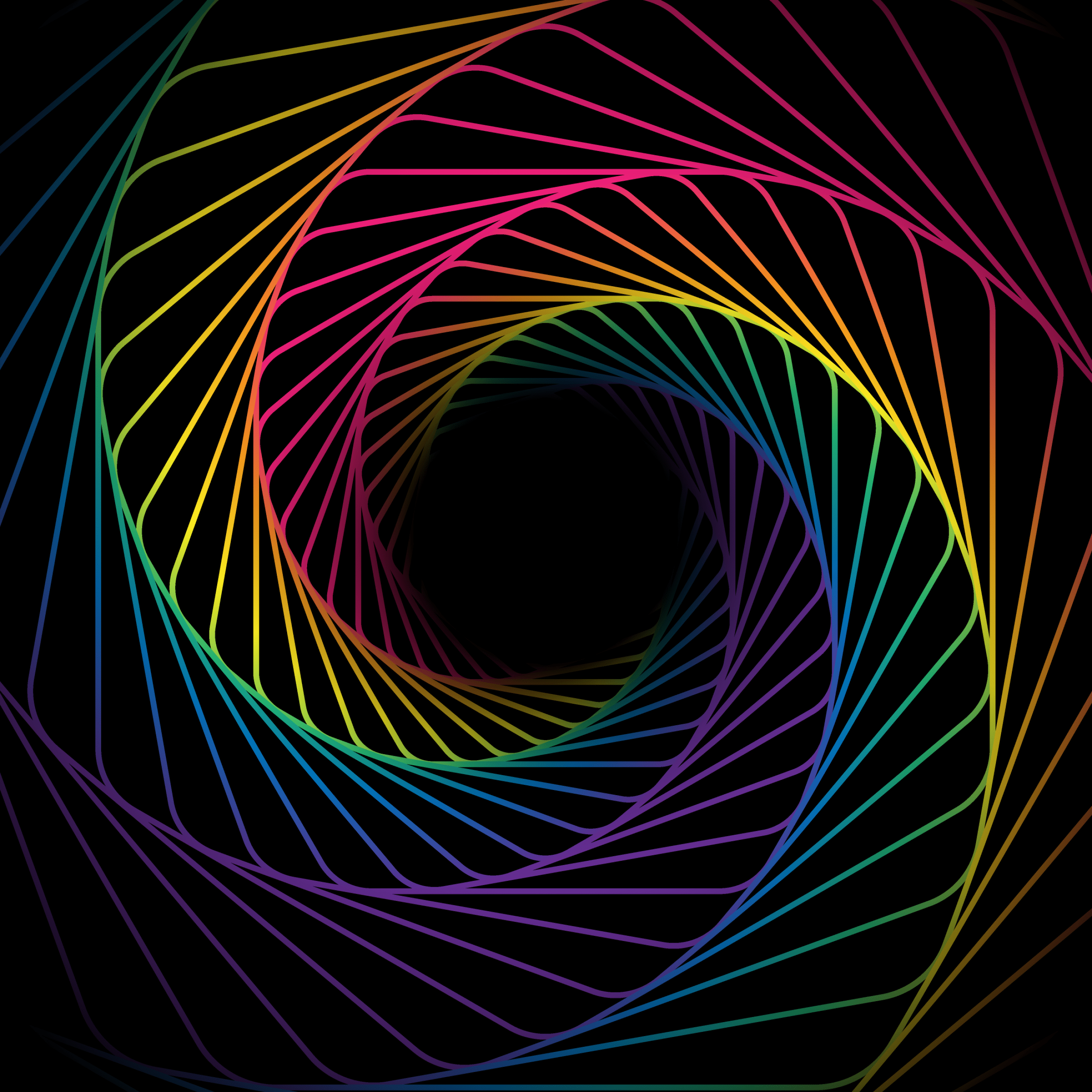 2560x2560 Cosmic Wallpaper 4K, Rainbow, Swirl, Spiral, Black background, Abstract