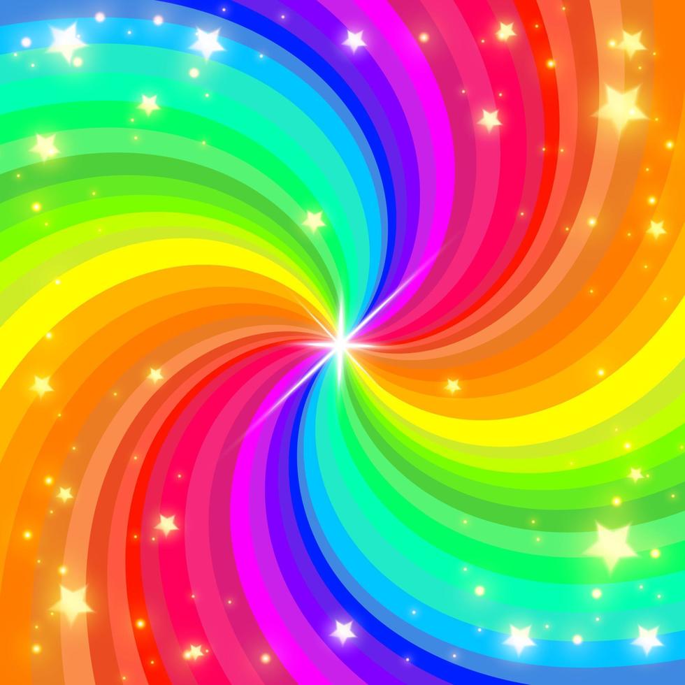 980x980 Rainbow swirl background with stars. Radial gradient rainbow of twisted spiral. Vector illustration