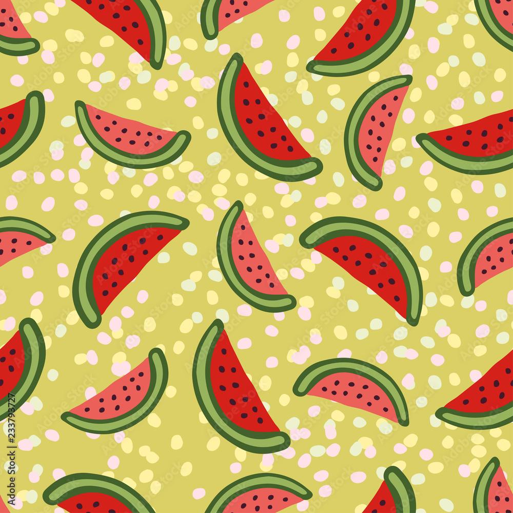 1000x1000 Watermelon seamless pattern on green background. Modern wrapping paper and xextile print. Interior decor and baby wallpaper pattern design. Stock Vector