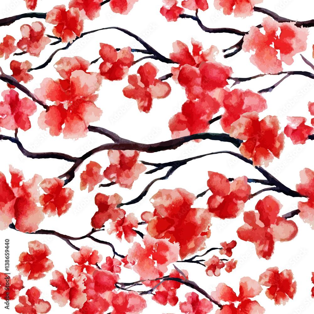 1000x1000 Japanese cherry branch spring blossom, red sakura tree seamless watercolor pattern. Vector illustration, ready for print. Can be used for wallpaper design, textile design. Stock Vector