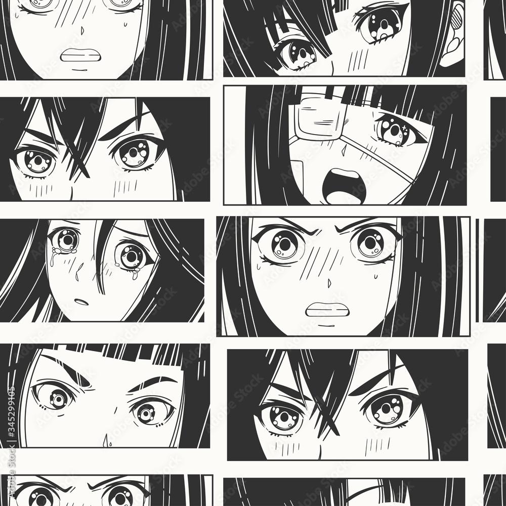 1000x1000 Close up of Asian female Eyes look. Black and white Manga style. Japanese cartoon Comic concept. Anime characters. Hand drawn trendy Vector Seamless pattern. Background, Wallpaper Stock Vector