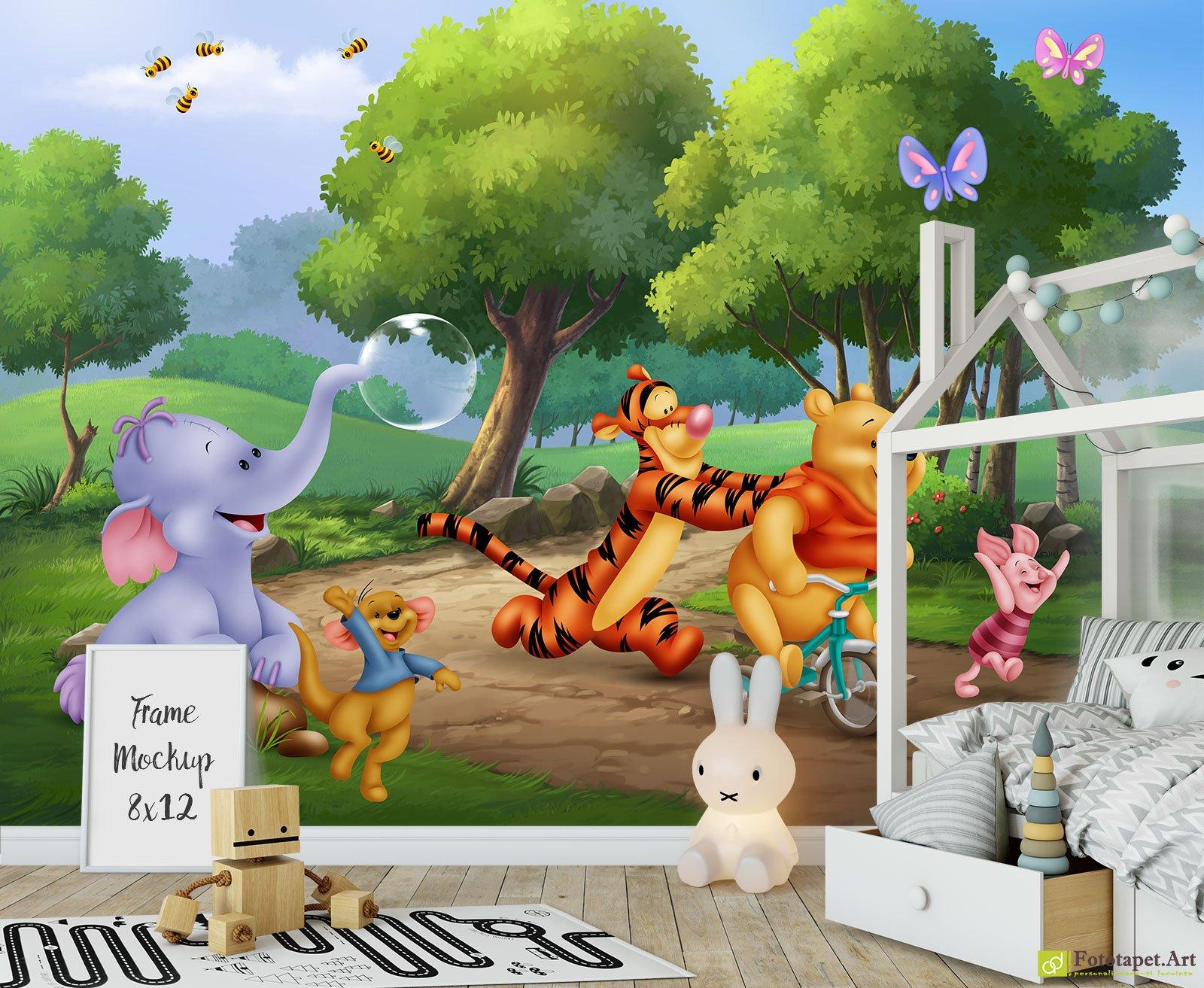 1600x1313 Children's Wallpaper & Wall Murals The Pooh On The Bike. Fototapet.art Eco Friendly Retro Wallpaper On A Wall For Childrens Rooms Online