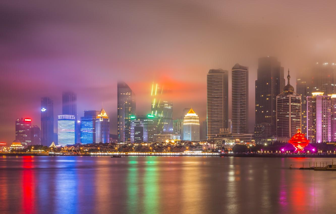 1332x850 Wallpaper Fog, Night, The city, River, Skyscrapers, China, City Pasig image for desktop, section город