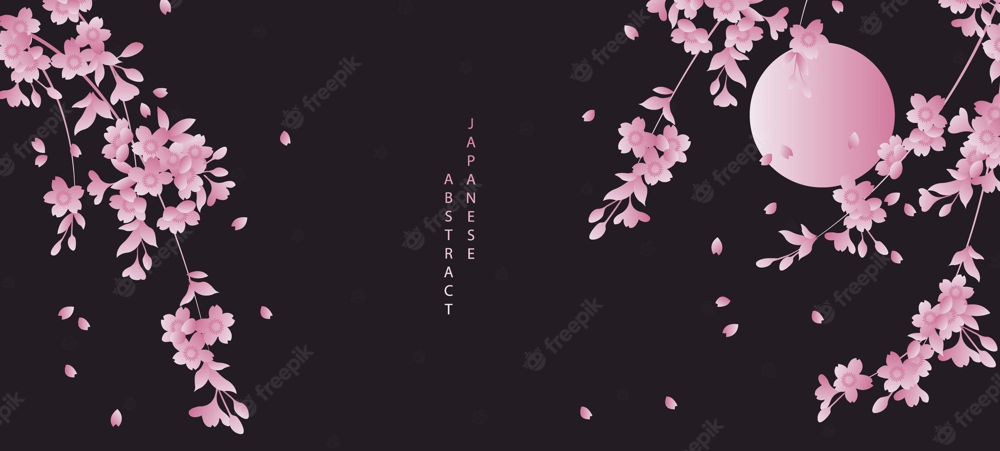 2000x903 Premium Vector. Oriental japanese style abstract pattern background design black night sky full moon and cherry blossom sakura flower