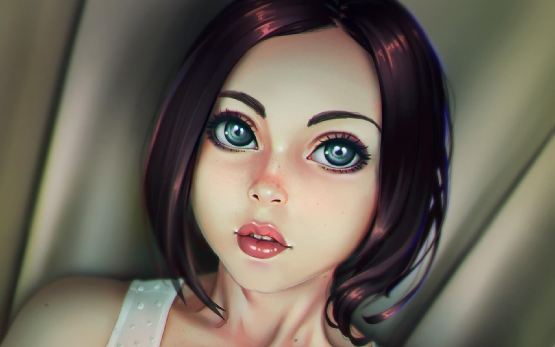 1920x1200 Download Wallpaper Face Art Girl Hand Drawn Figure Portrait Big Eyes фентези, 1920x Digital Cartoon Girl With Big Eyes