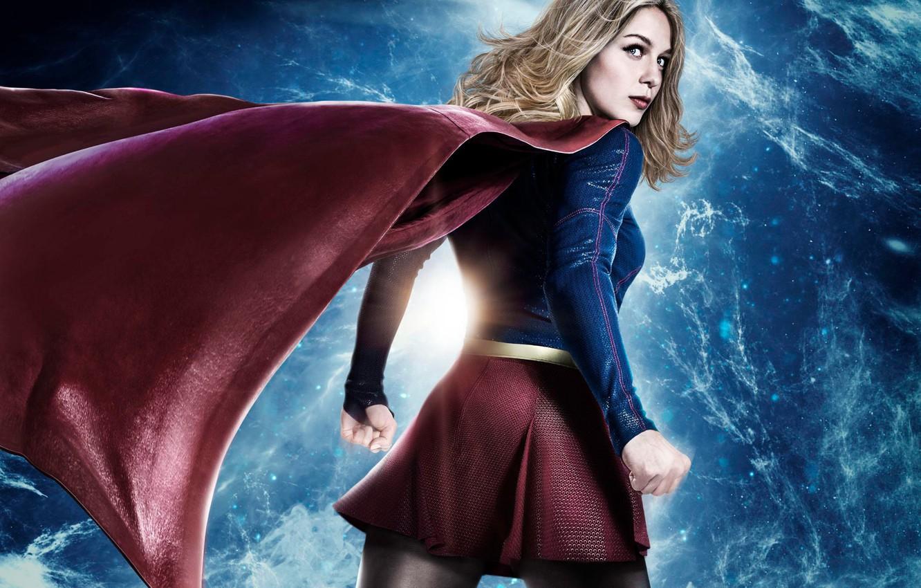 1332x850 Wallpaper red, girl, logo, green eyes, dress, woman, blue, beautiful, singer, blonde, American, pose, actress, DC Comics, Supergirl, powerful image for desktop, section фильмы