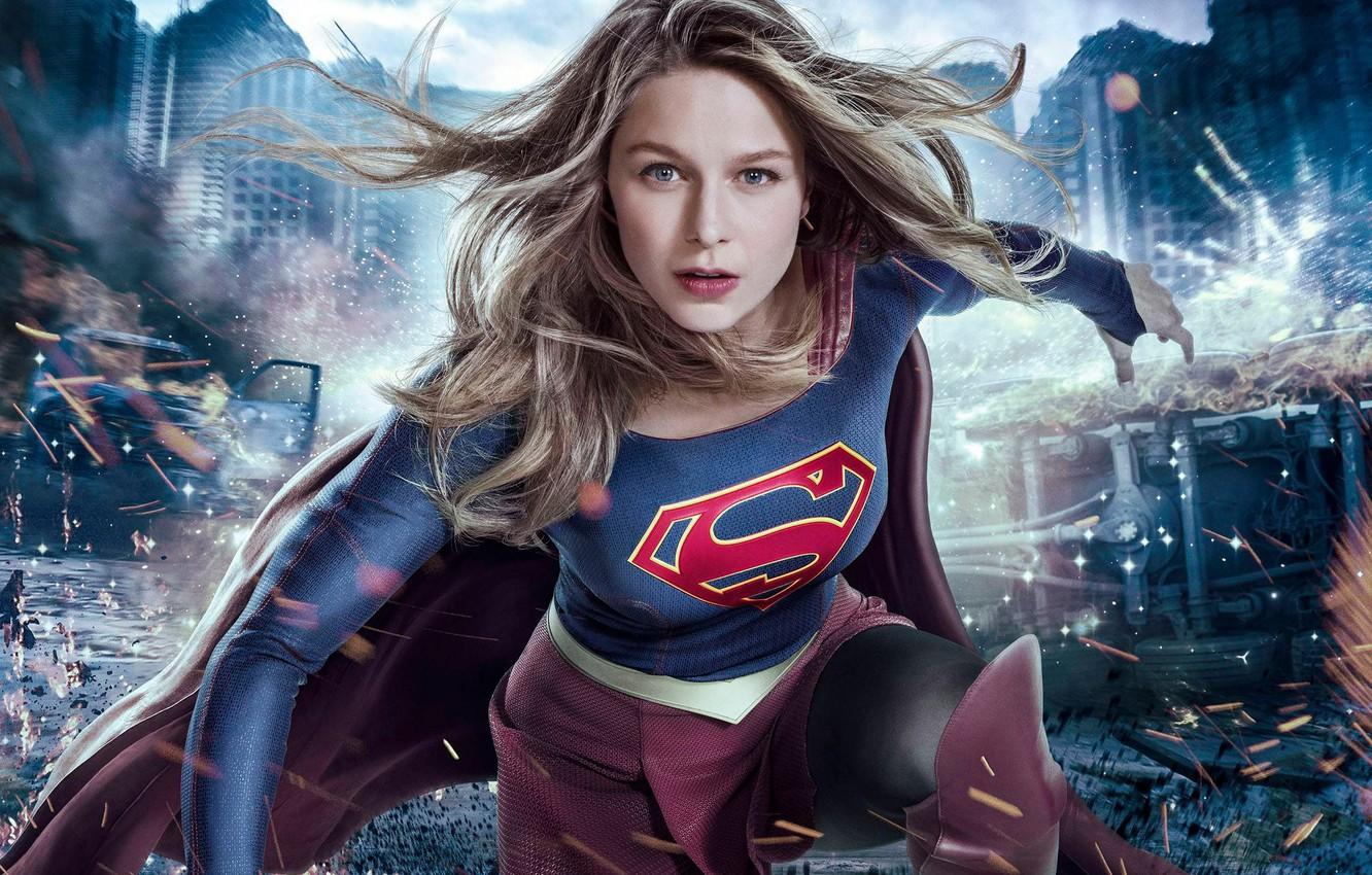1332x850 Wallpaper girl, logo, green eyes, dress, woman, blue, smile, beautiful, super, series, singer, blonde, American, pose, actress, DC Comics image for desktop, section фильмы