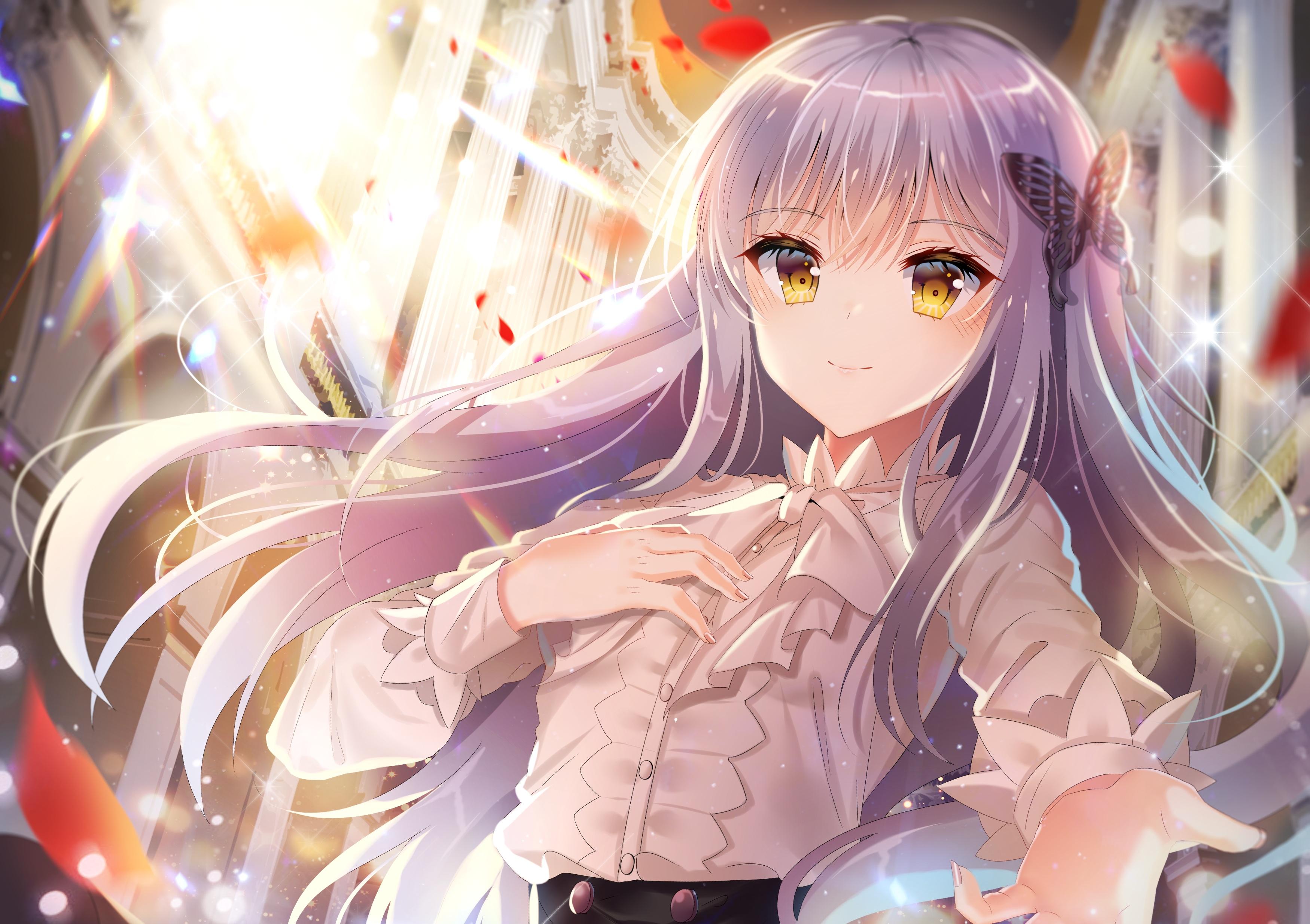 3500x2471 bang dream! ecu8080 gray hair long hair minato yukina petals shirt yellow eyes wallpaperx2471