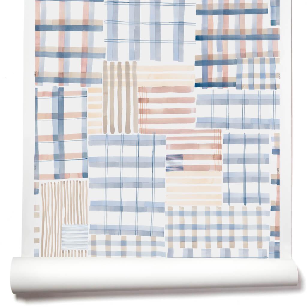 1024x1024 Patchwork Plaid Wallpaper In Blue Peach