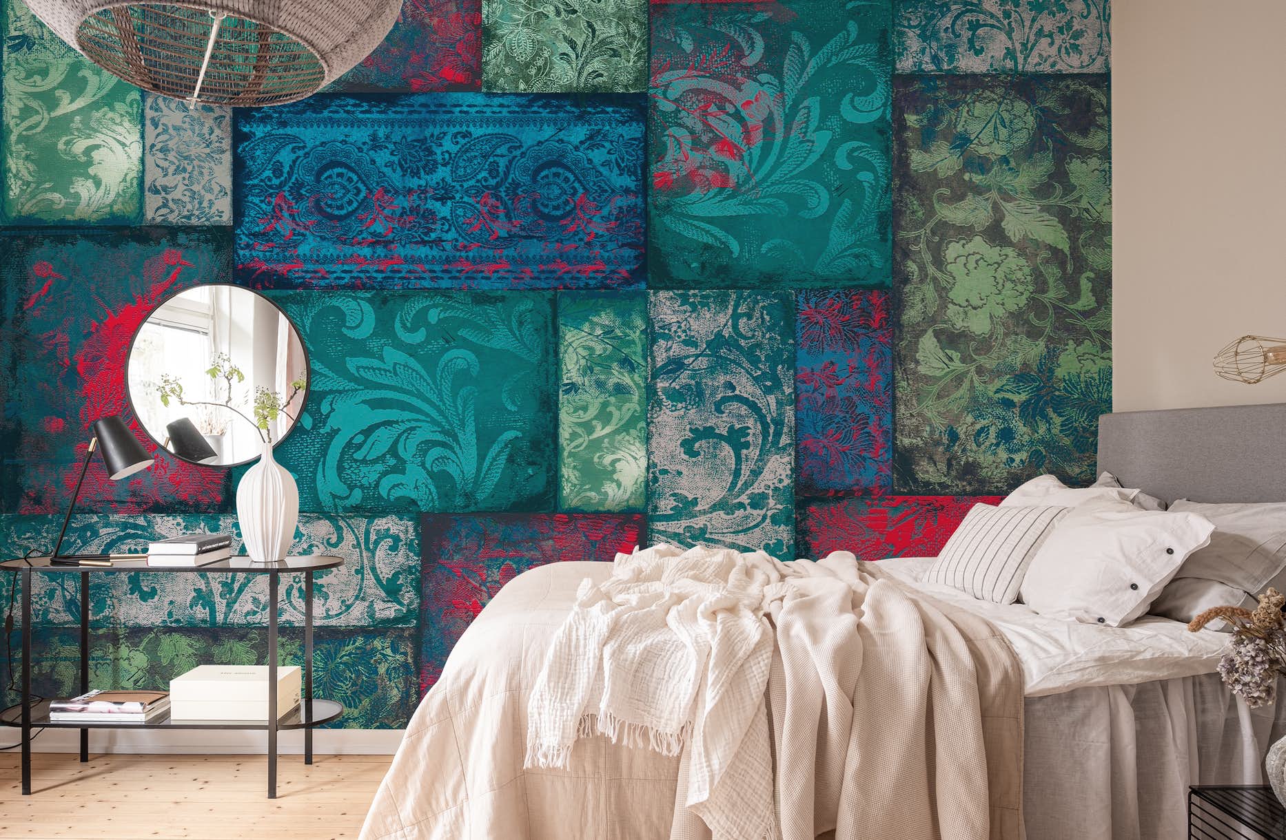1866x1220 Buy Bohemian Patchwork blue green wallpaper