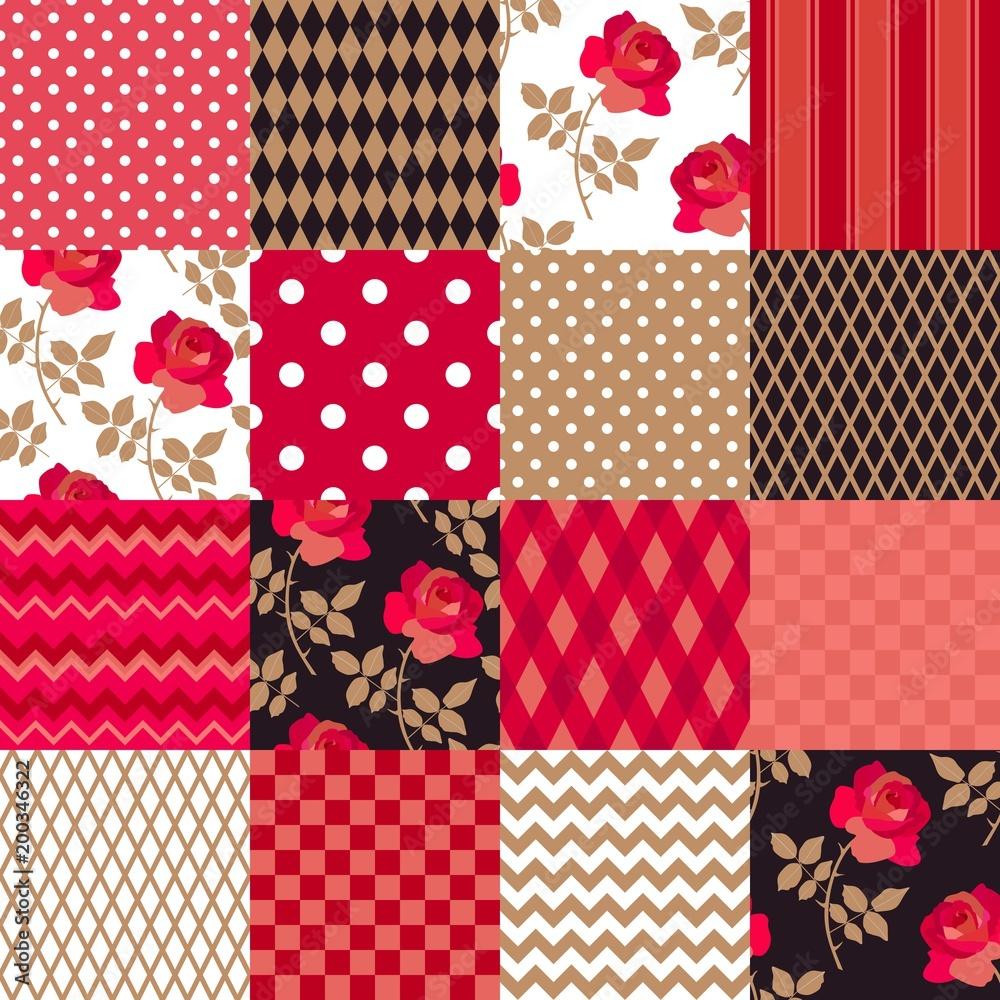 1000x1000 Patchwork pattern from floral, zigzag, striped, polka dot, checkered patches in red, gold, black and white colors in vector. Print for fabric, quilt, paper, wallpaper, wrapping design. Country style. Stock Vector