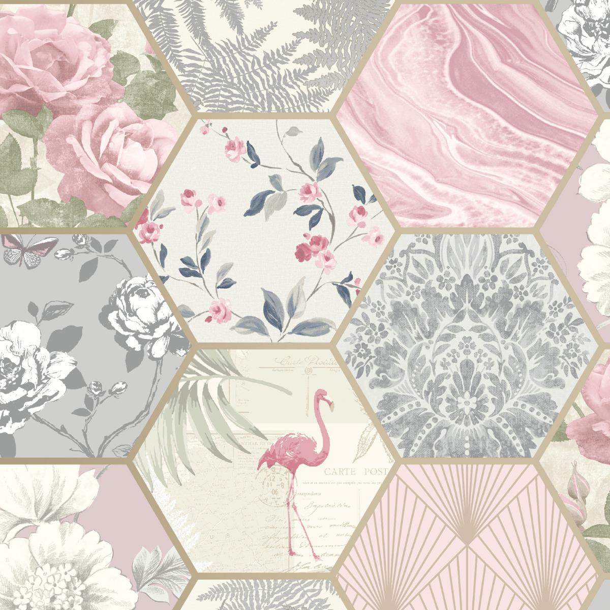 1200x1200 Patchwork Geo Hexagon Wallpaper Gray / Pink Rasch 249538 SAMPLE World of Wallpaper USA