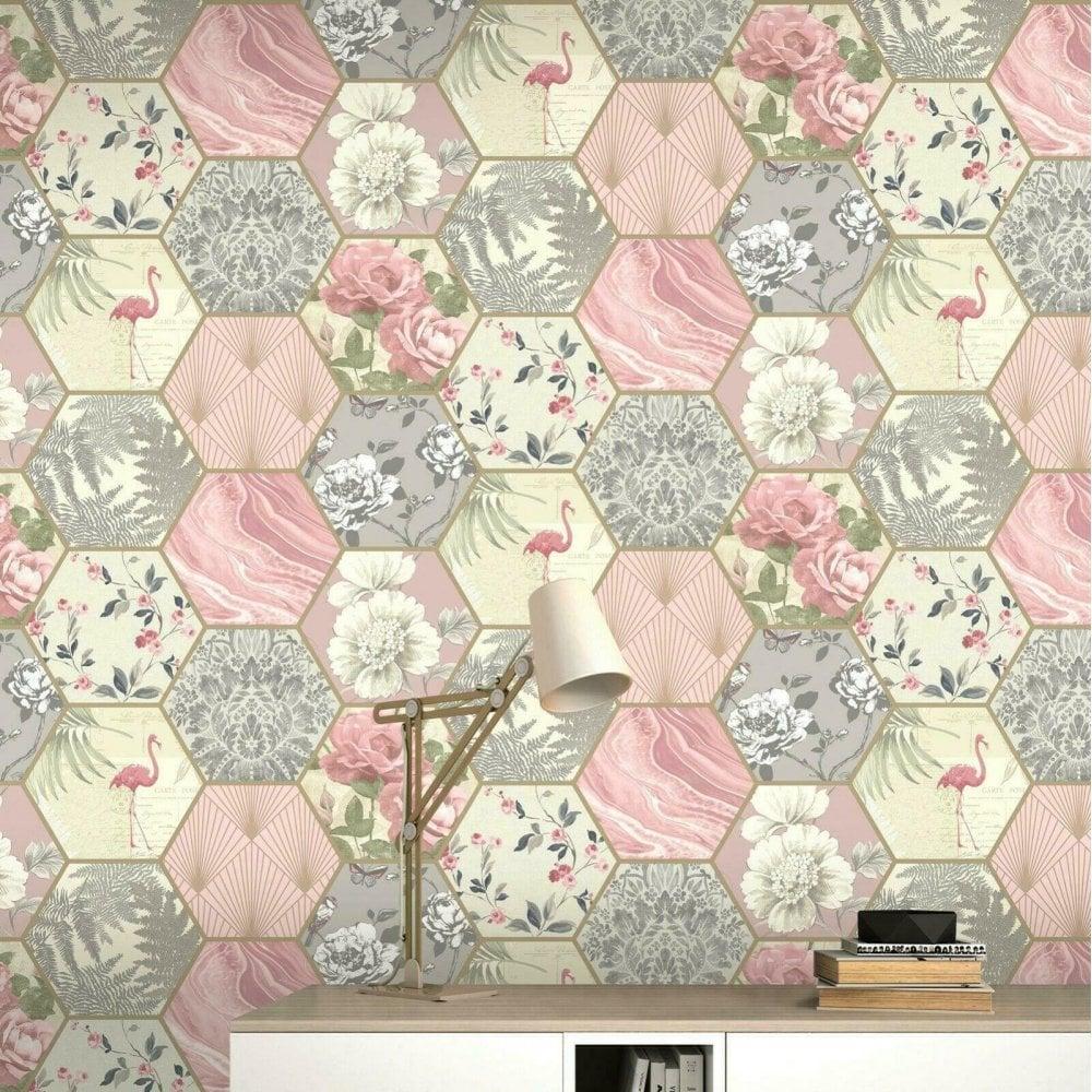 1000x1000 Rasch Patchwork Hexagon Floral Flamingo Lace Metallic Wallpaper Pink Grey 249538