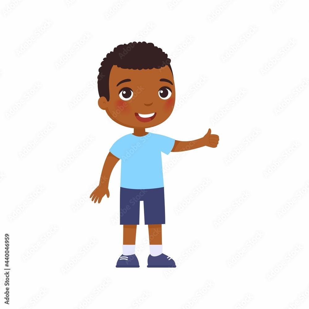1000x1000 Cute African boy showing thumbs up gesture. Happy little kid, Smiling dark skin toddler, preteen child cartoon character Stock Vector