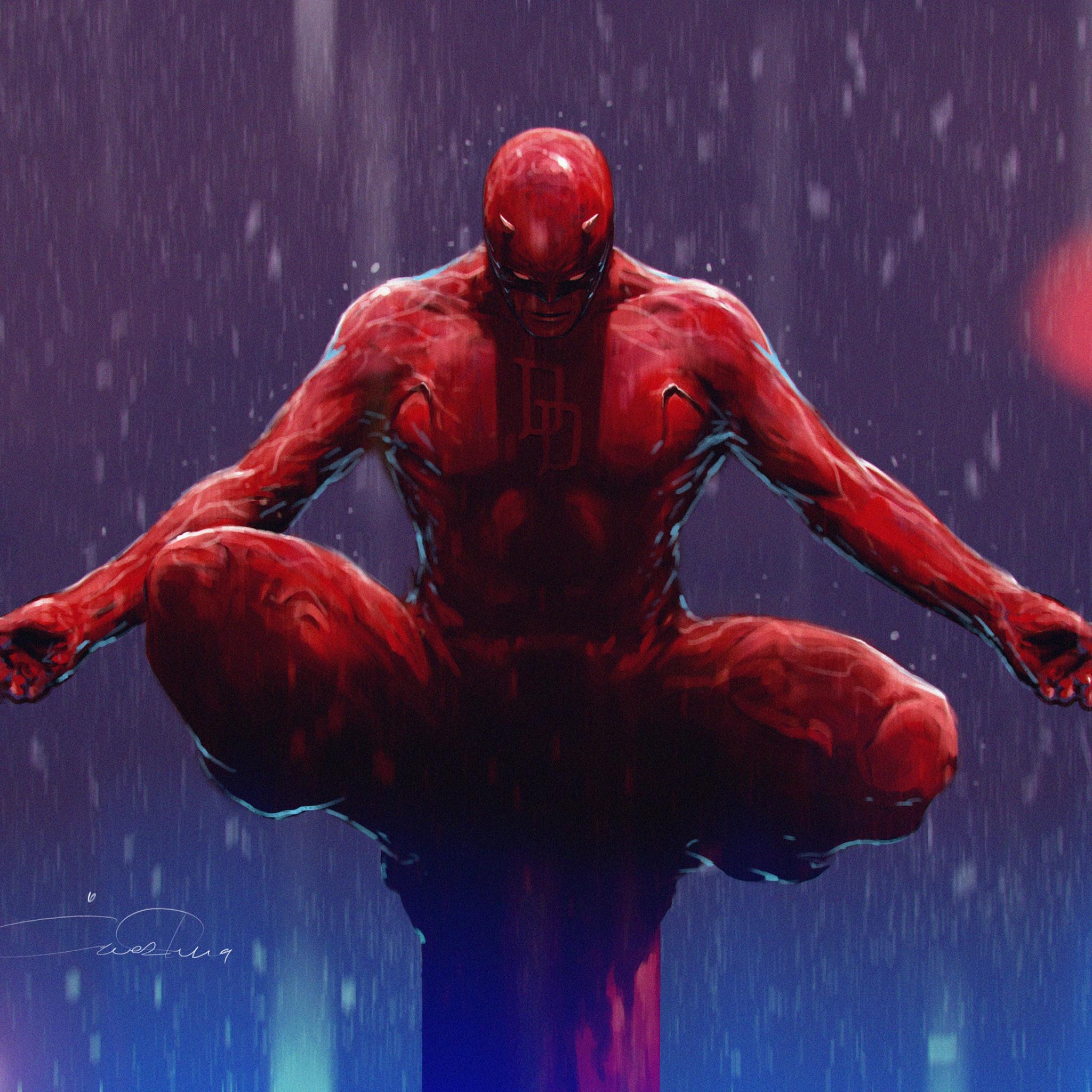 2048x2048 Daredevil Wallpaper 4K, Marvel Comics, Digital Art, Illustration, Rain, Graphics CGI