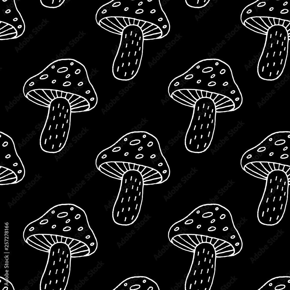 1000x1000 Cute cartoon mushroom pattern with hand drawn mushrooms. Sweet vector black and white mushroom pattern. Seamless monochrome doodle mushroom pattern for textile, wallpaper, wrapping paper and cards. Stock Vector